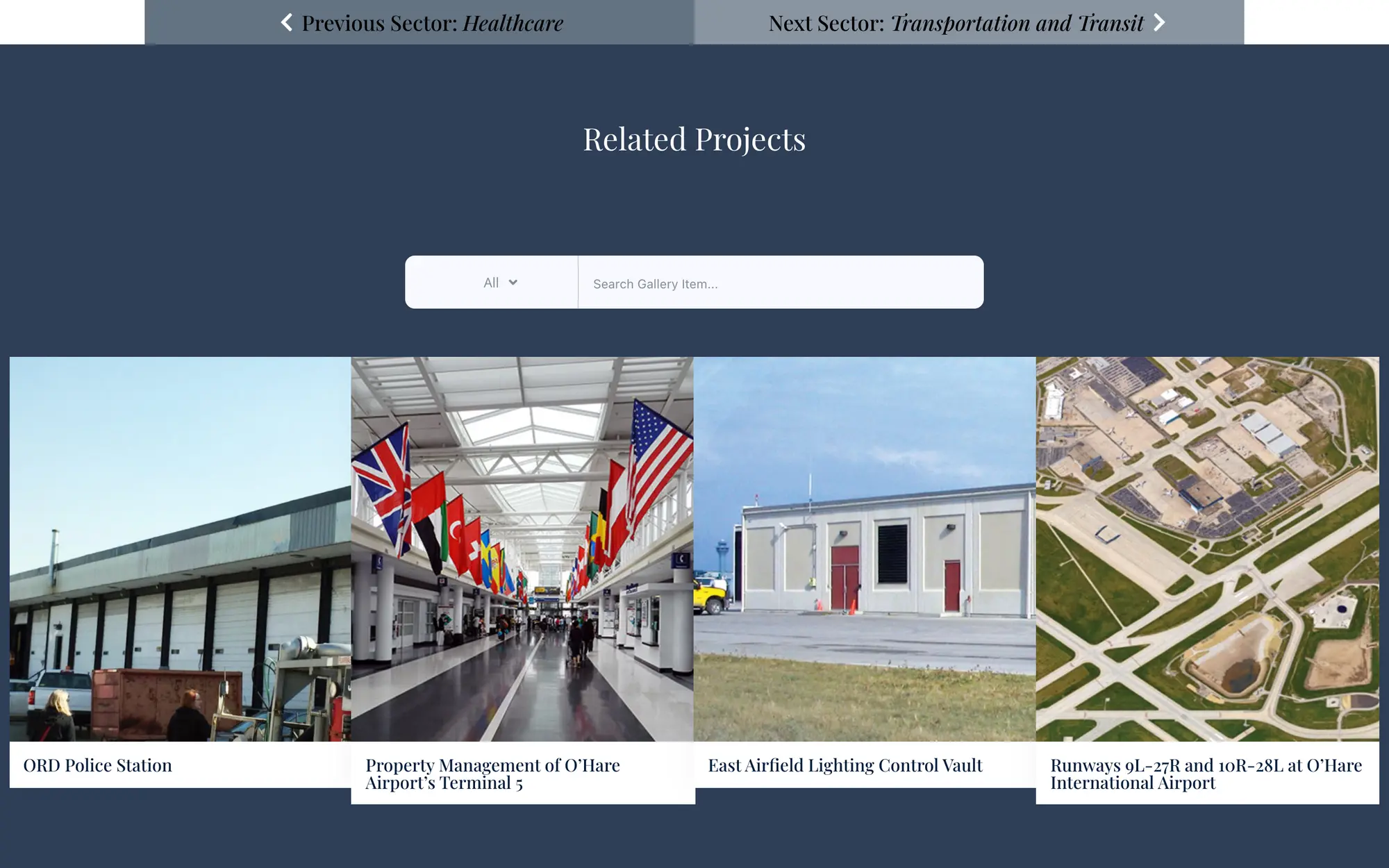 Desktop Related Projects gallery for Aviation, with photo cards for the ORD Police Station, Terminal 5, the Lighting Control Vault and runway work.