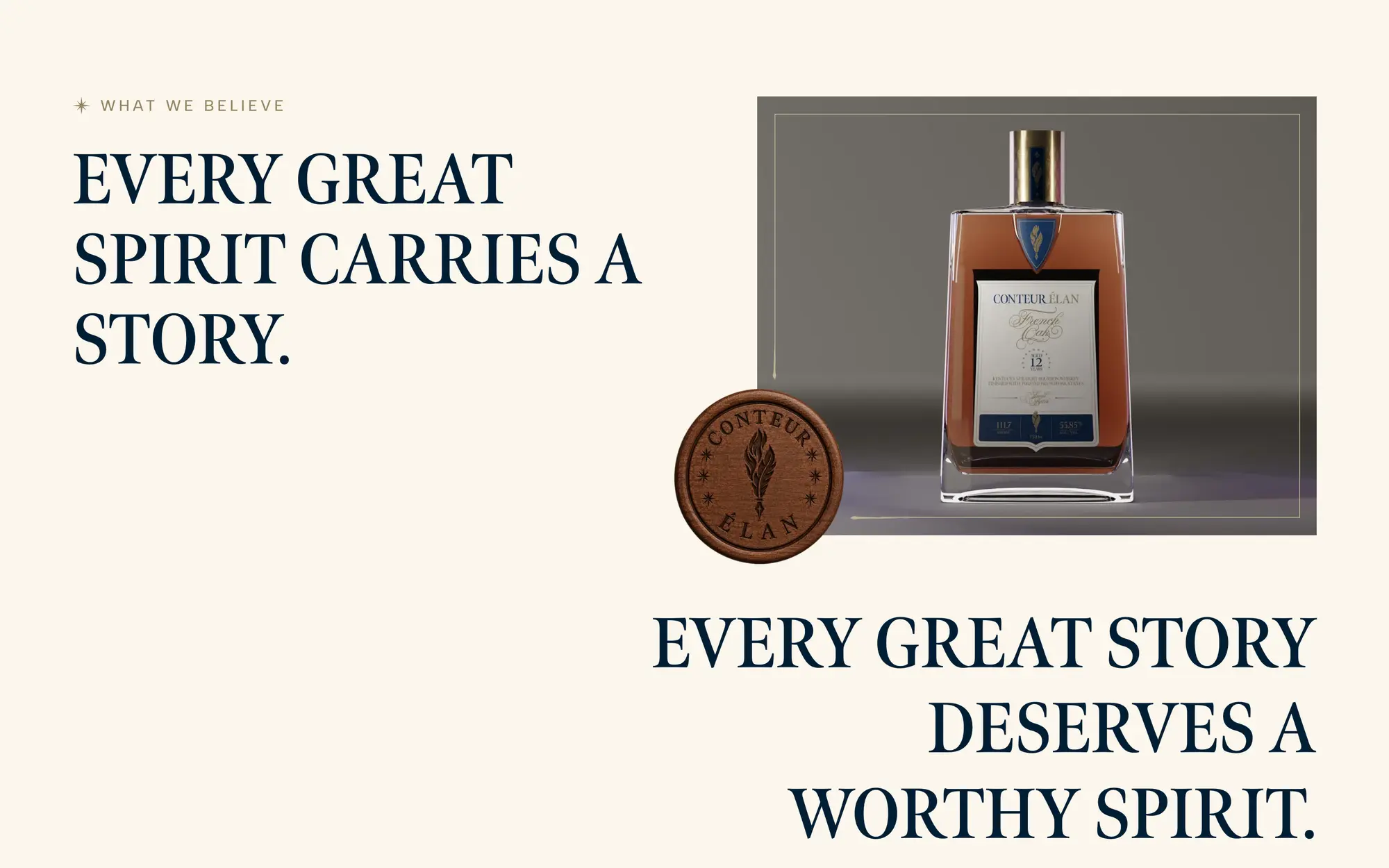 Desktop “Every great spirit carries a story.” section with the bottle photographed beside the Conteur Élan wax seal.
