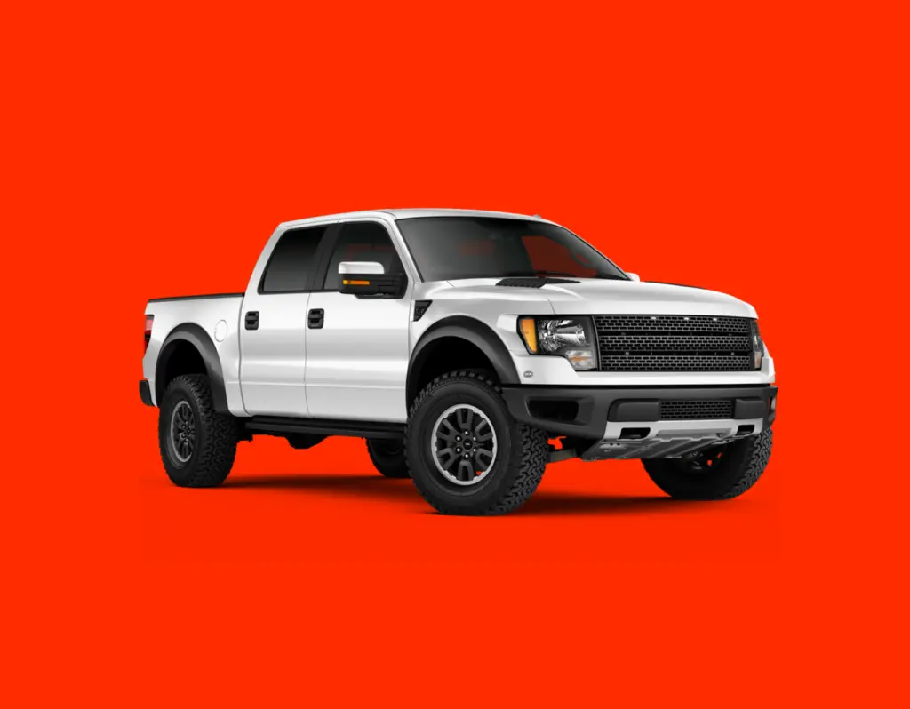 A white pickup truck on a bright red background.
