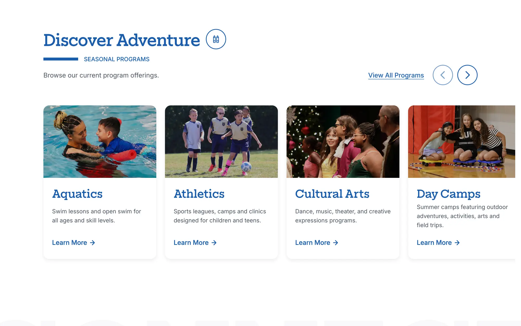 Desktop “Discover Adventure” carousel of seasonal programs, from Aquatics and Athletics to Cultural Arts and Day Camps.