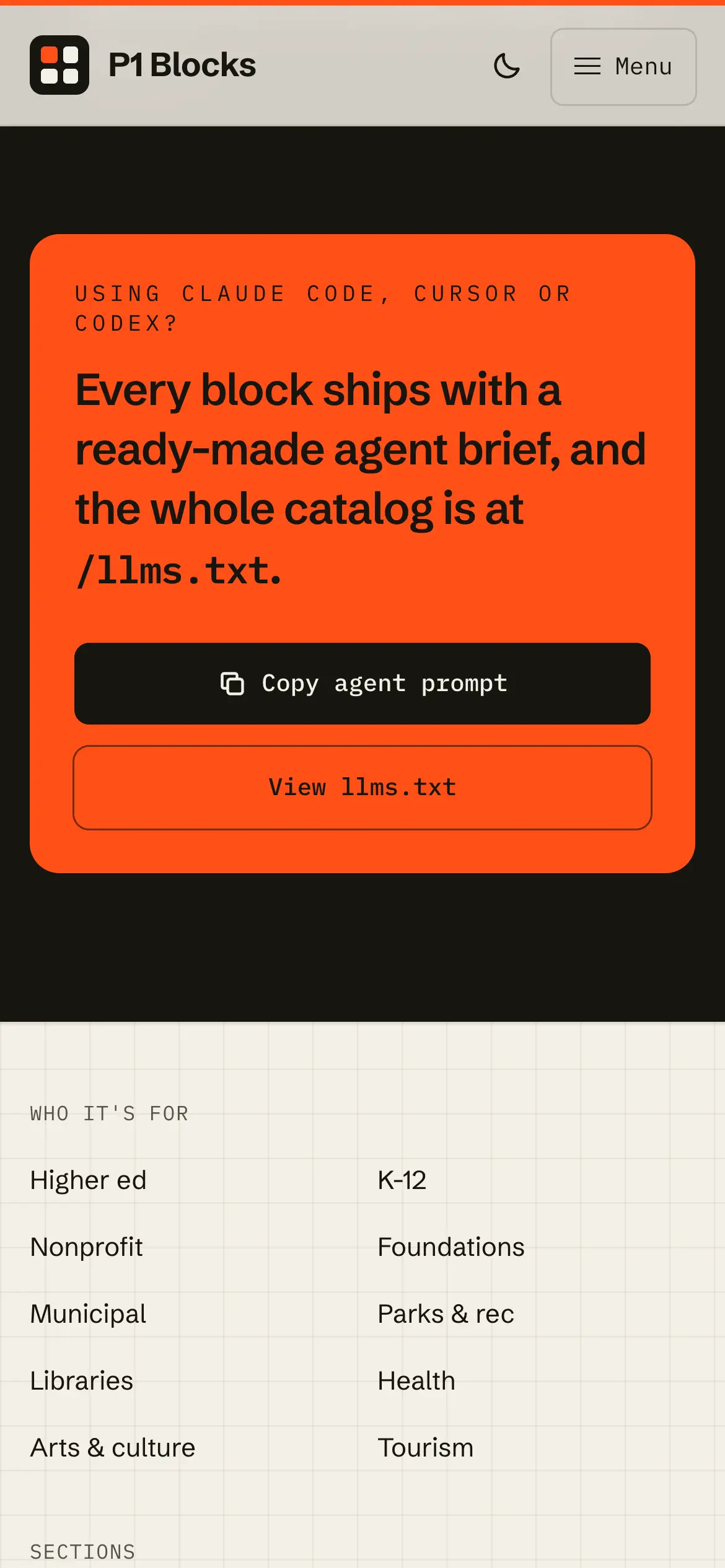 Mobile agent call to action noting that every block ships with a ready-made agent brief and the whole catalog is at /llms.txt.