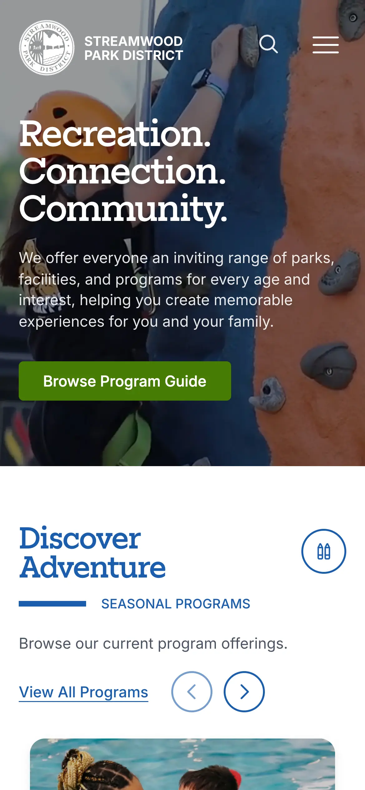 Mobile homepage hero, “Recreation. Connection. Community.,” with the program guide button above the fold.