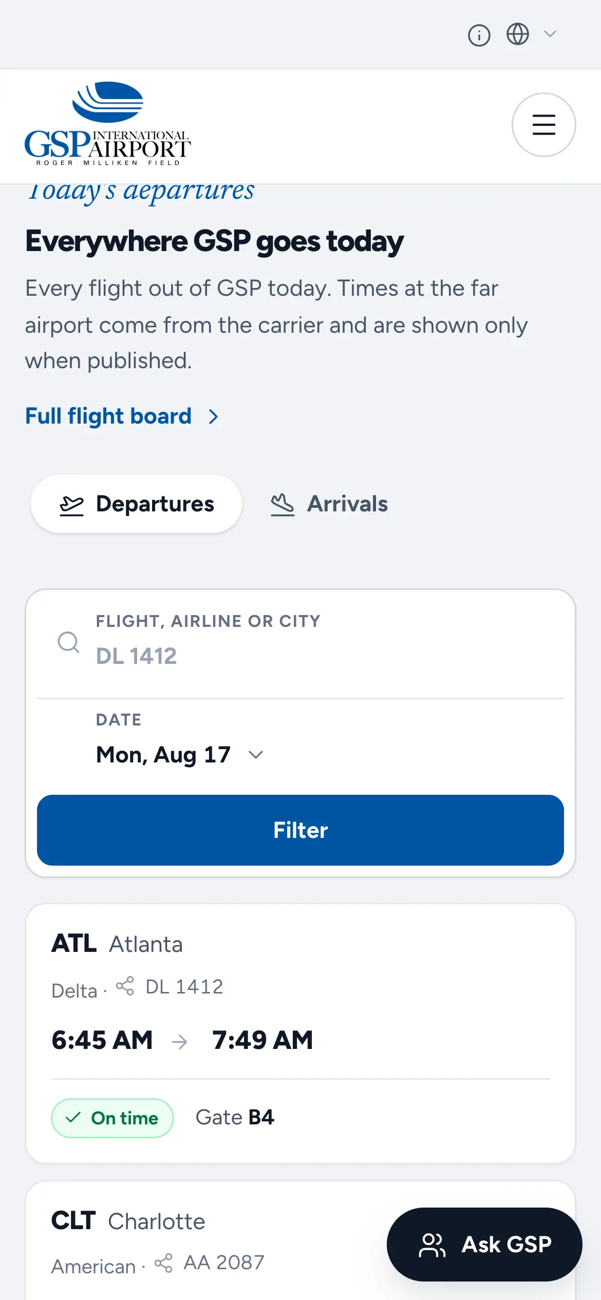 Mobile departures board with Departures and Arrivals tabs, a flight filter and the first flight cards.