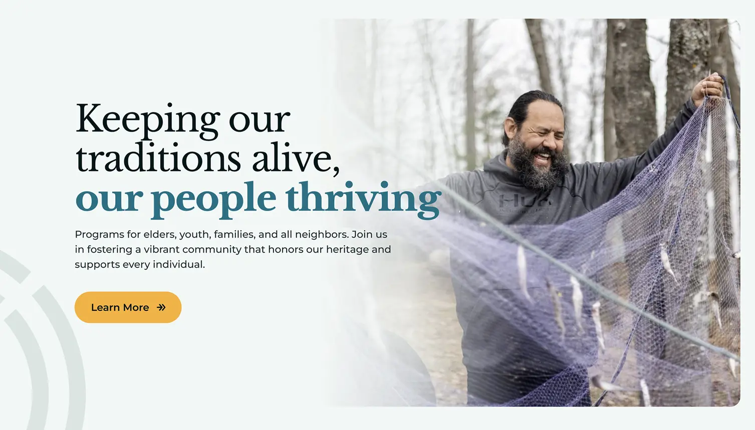 Homepage hero, “Keeping our traditions alive, our people thriving,” promoting programs for elders, youth, and families.