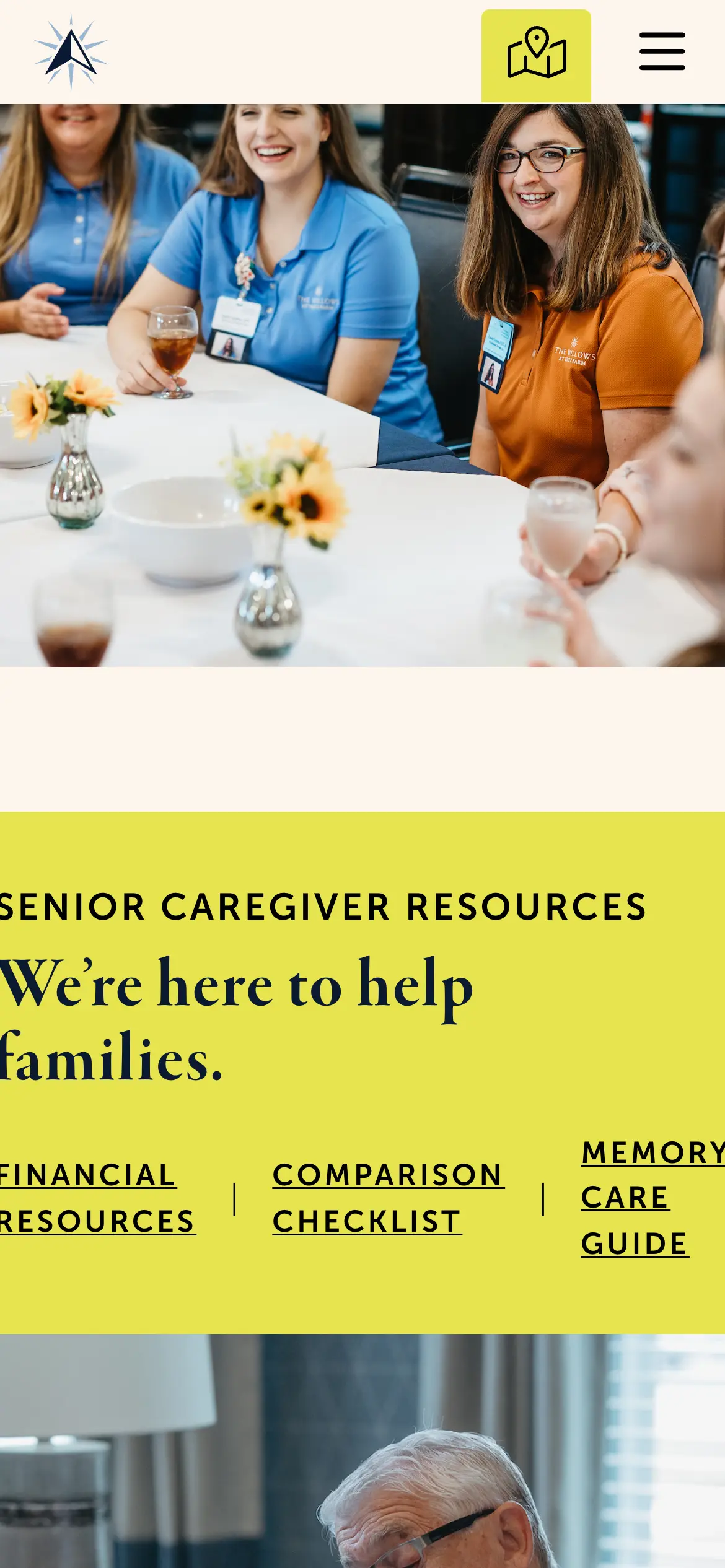 Mobile Family Resources hero, “We’re here to help families.,” with links to financial resources, a comparison checklist and a memory care guide.