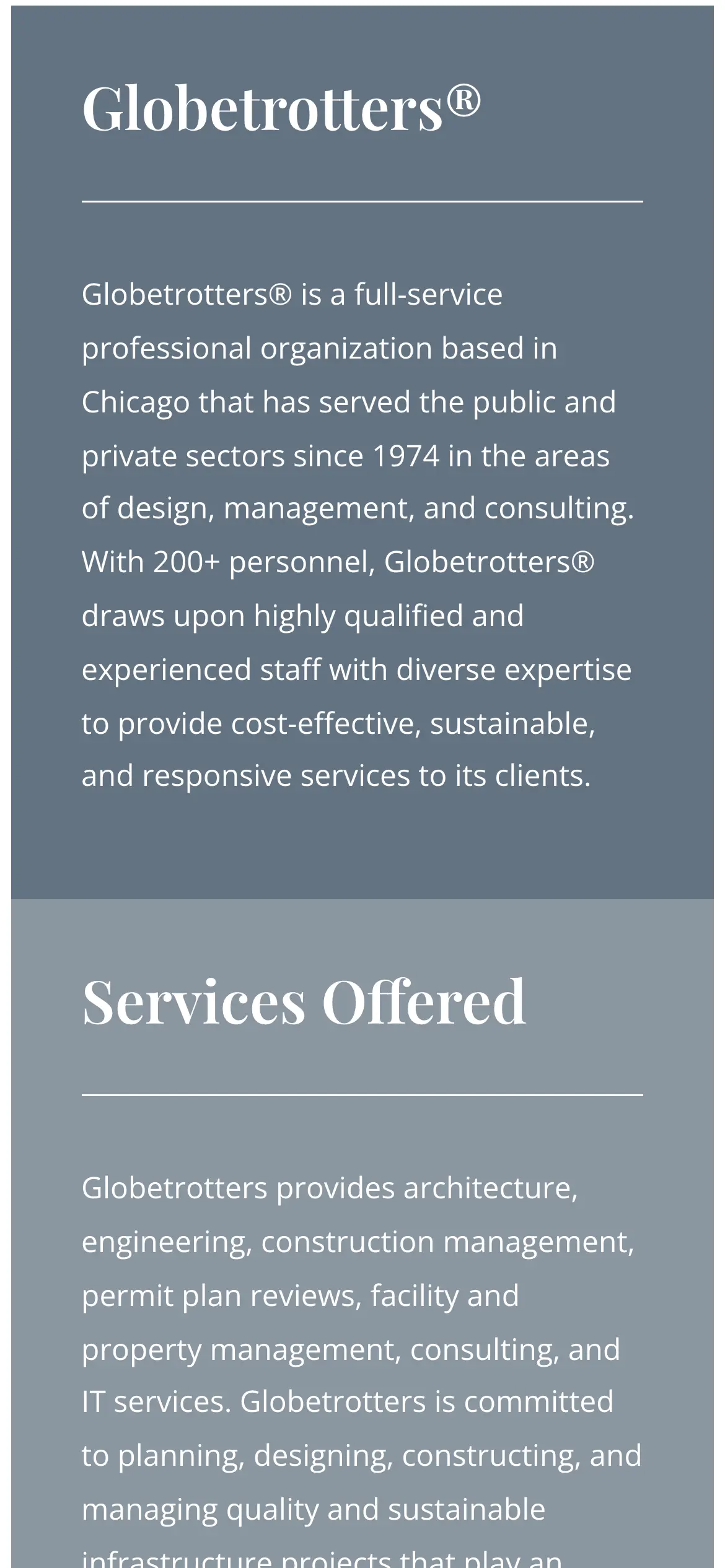 Mobile “Globetrotters®” intro panel stacked above “Services Offered.”