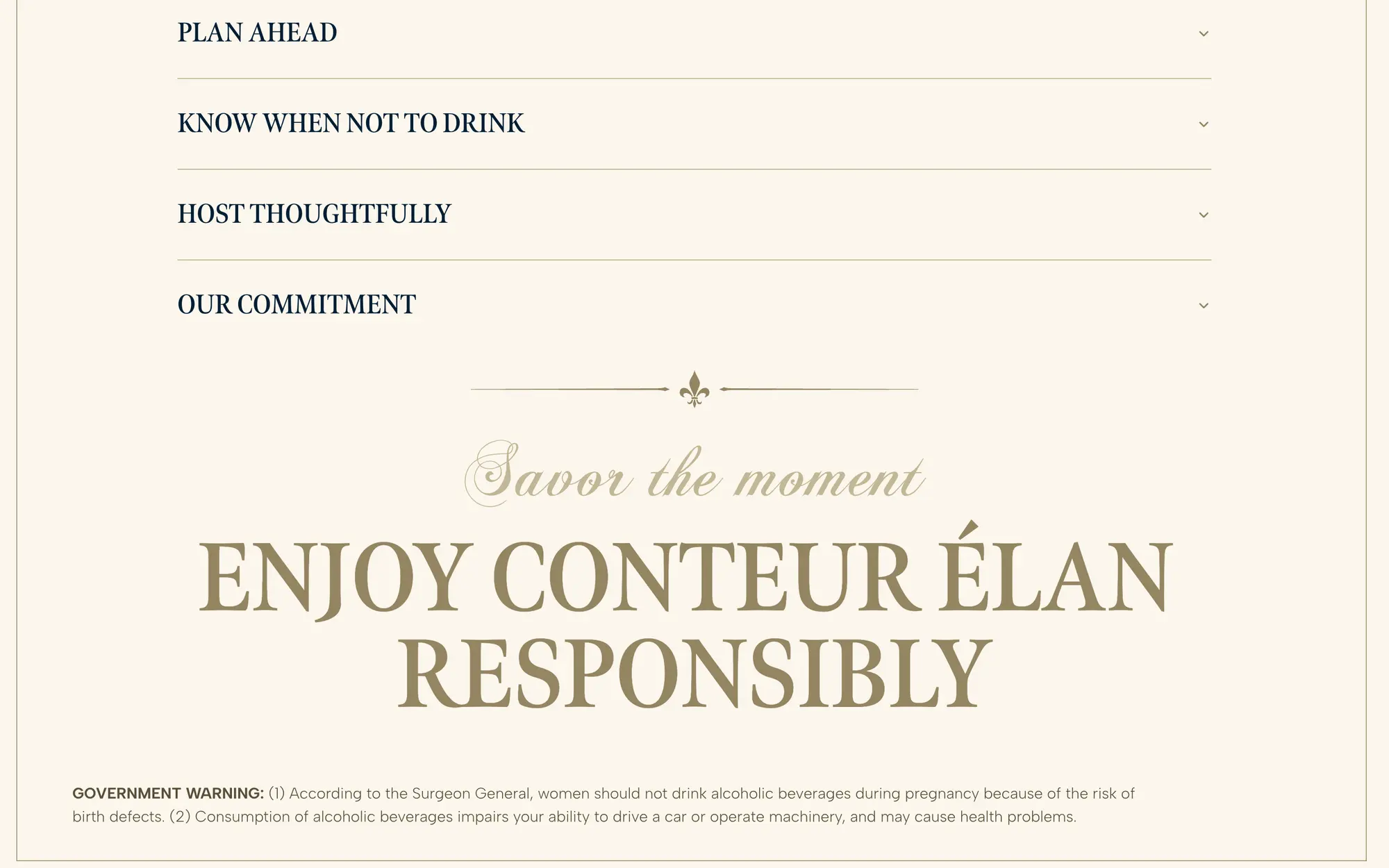 Desktop Enjoy Responsibly page with the “Enjoy Conteur Élan Responsibly” pledge and the government warning.