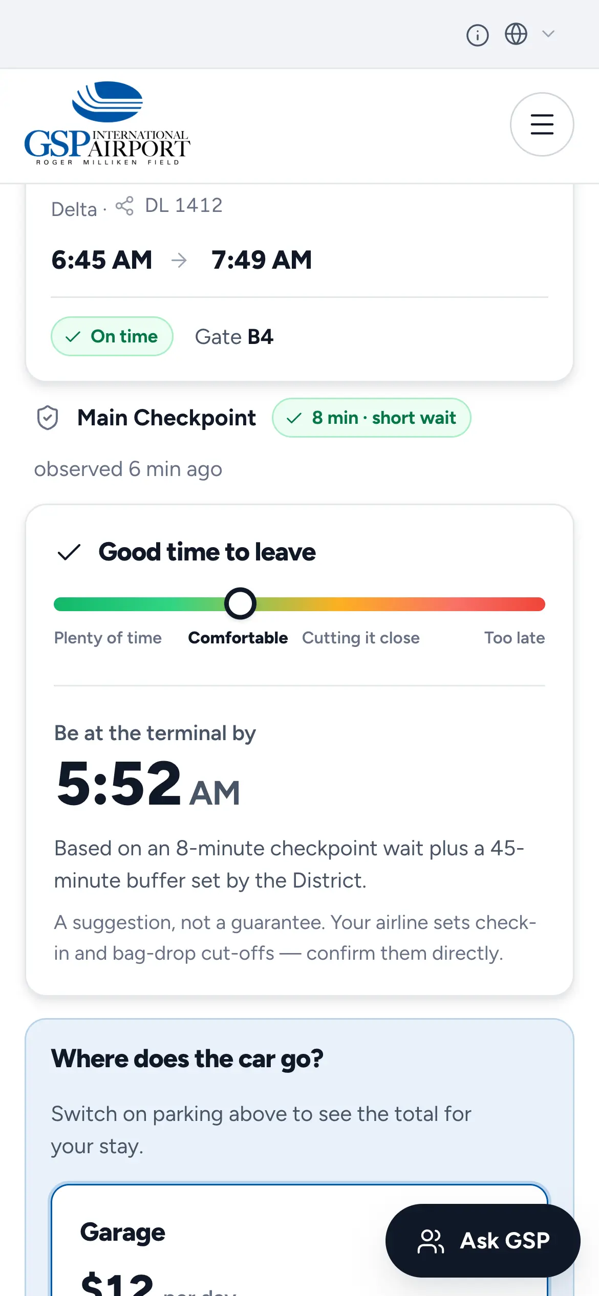 Mobile “Good time to leave” gauge recommending arrival at the terminal by 5:52 AM, based on the current checkpoint wait.