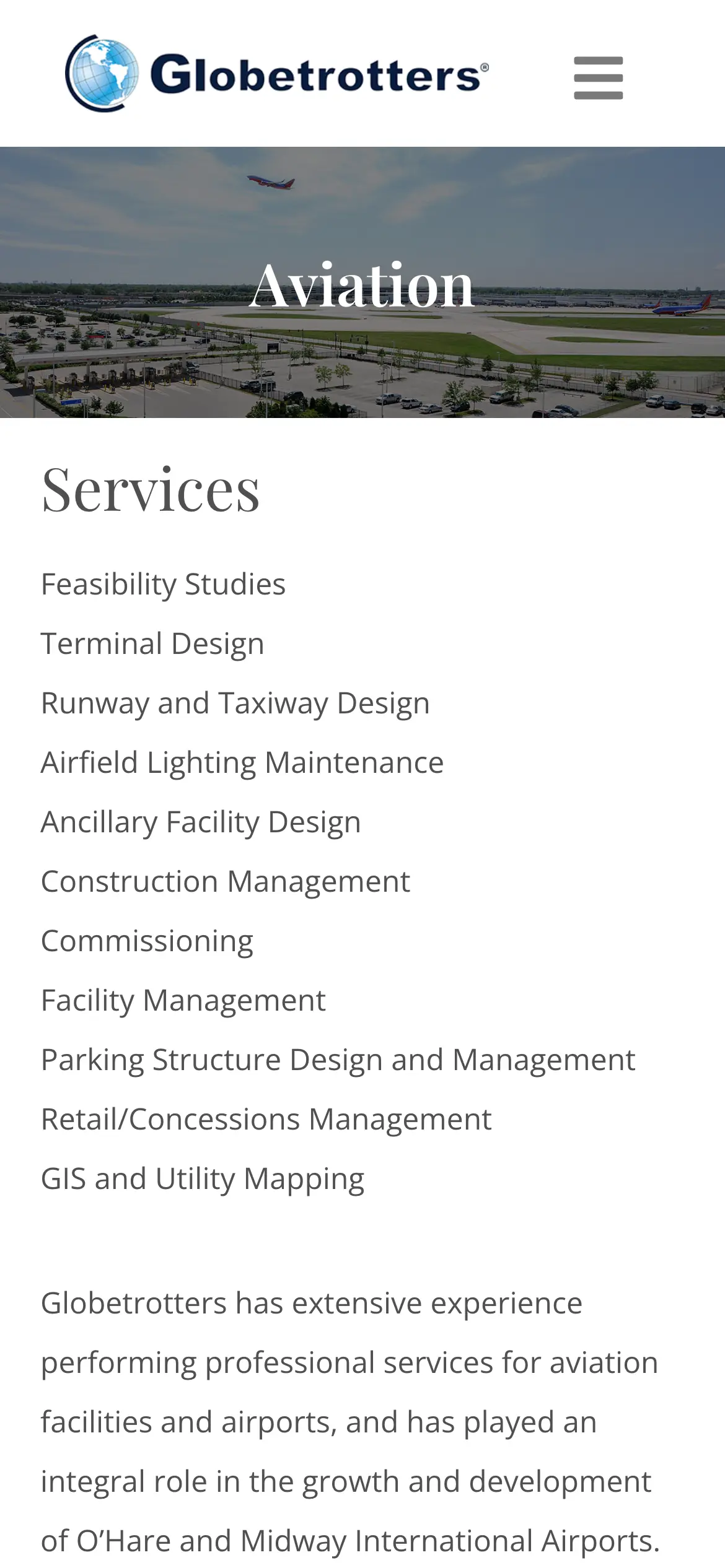 Mobile Aviation sector hero above the list of aviation services.