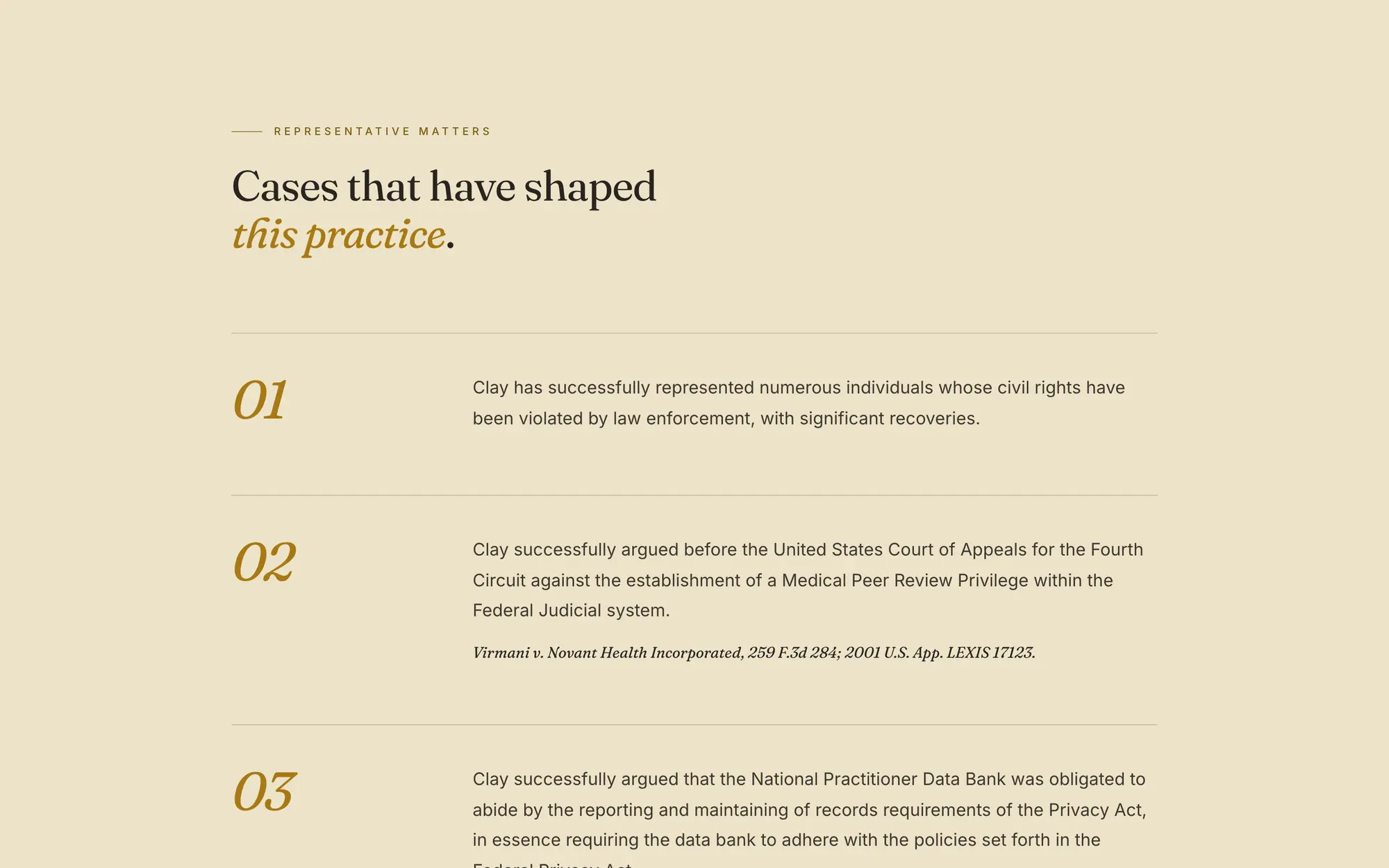 Desktop representative matters, “Cases that have shaped this practice.,” listing numbered case outcomes with citations.