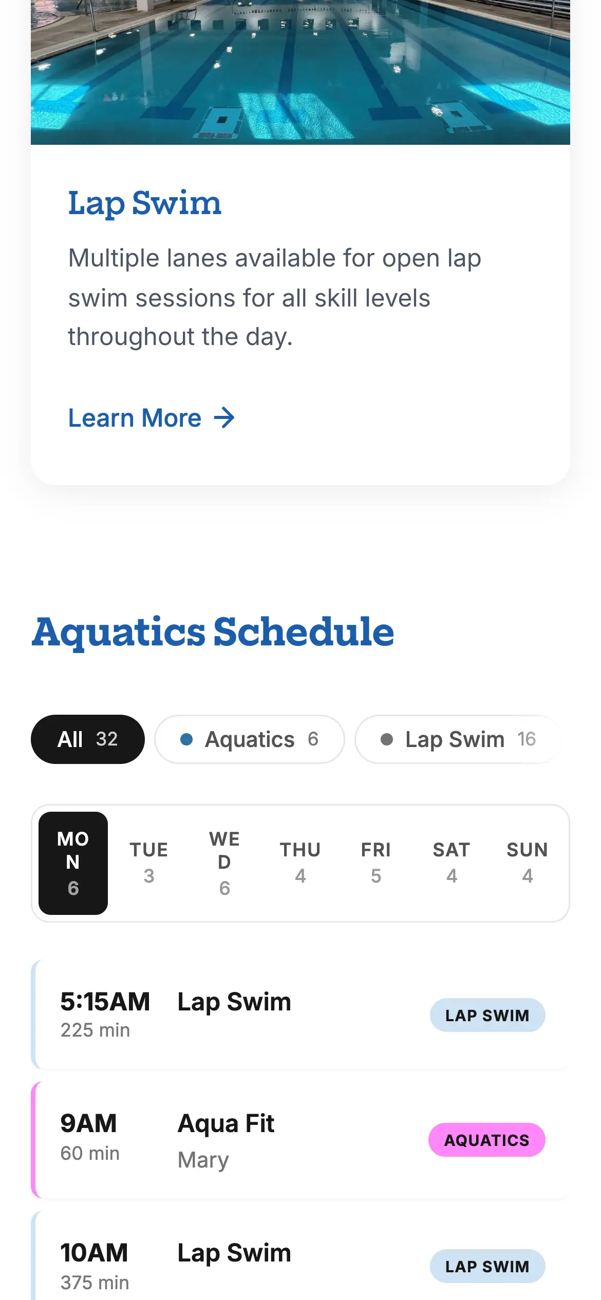Mobile Aquatics schedule with All, Aquatics and Lap Swim filters, a day picker and live session times from RecTrac.