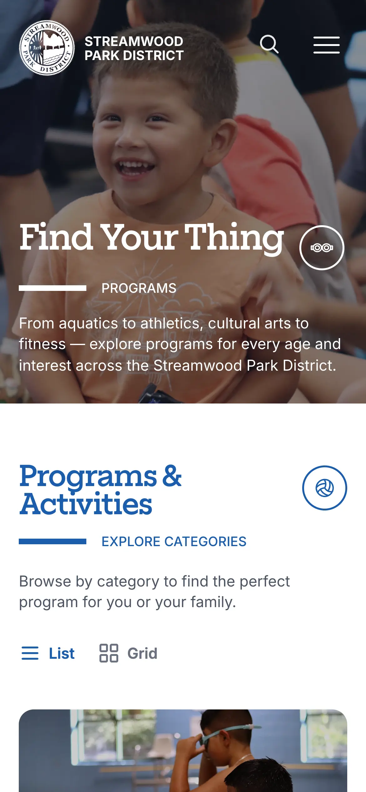Mobile Programs hero, “Find Your Thing,” above the Programs & Activities category list.