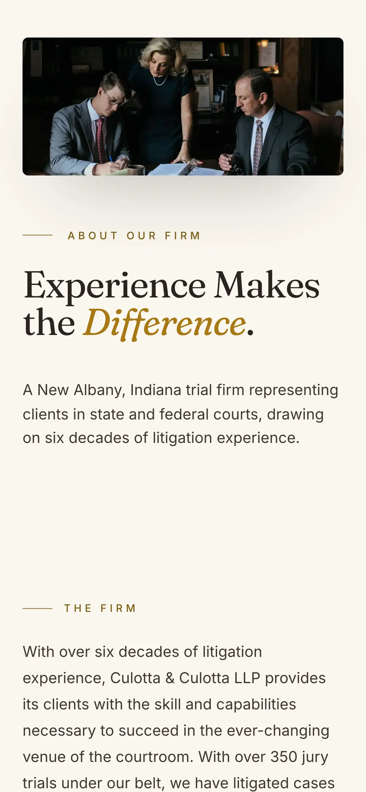 Mobile Our Firm hero, “Experience Makes the Difference.,” introducing the New Albany trial firm.