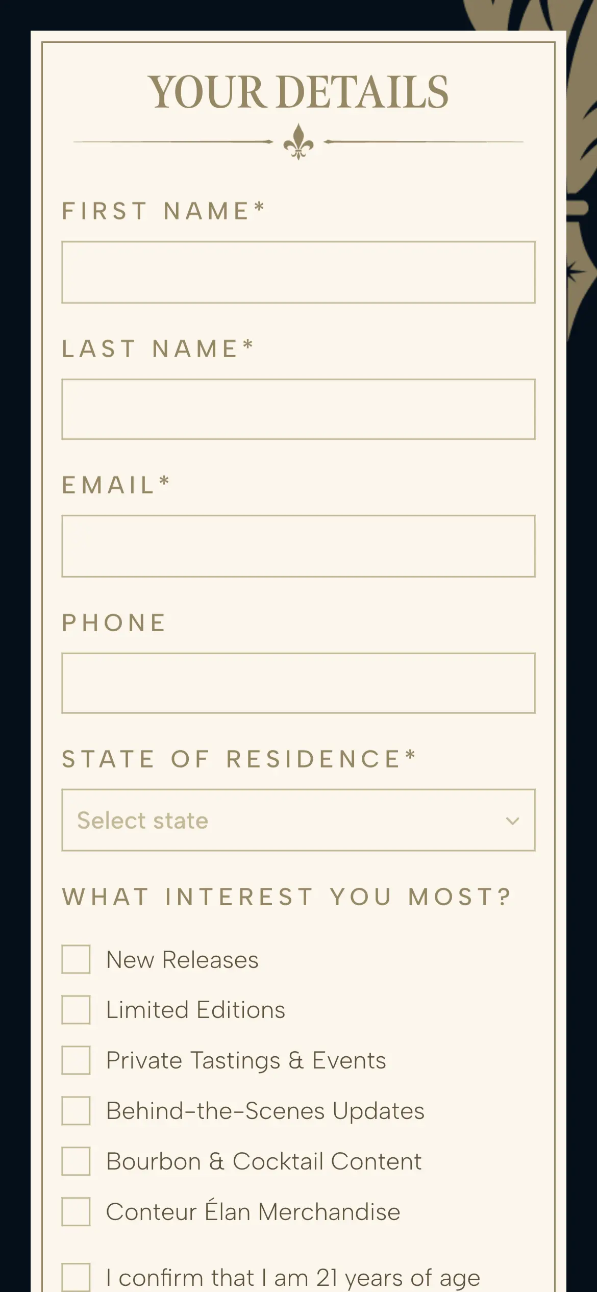 Mobile founding-member signup form with name, contact, state of residence, interests, and a 21+ confirmation.