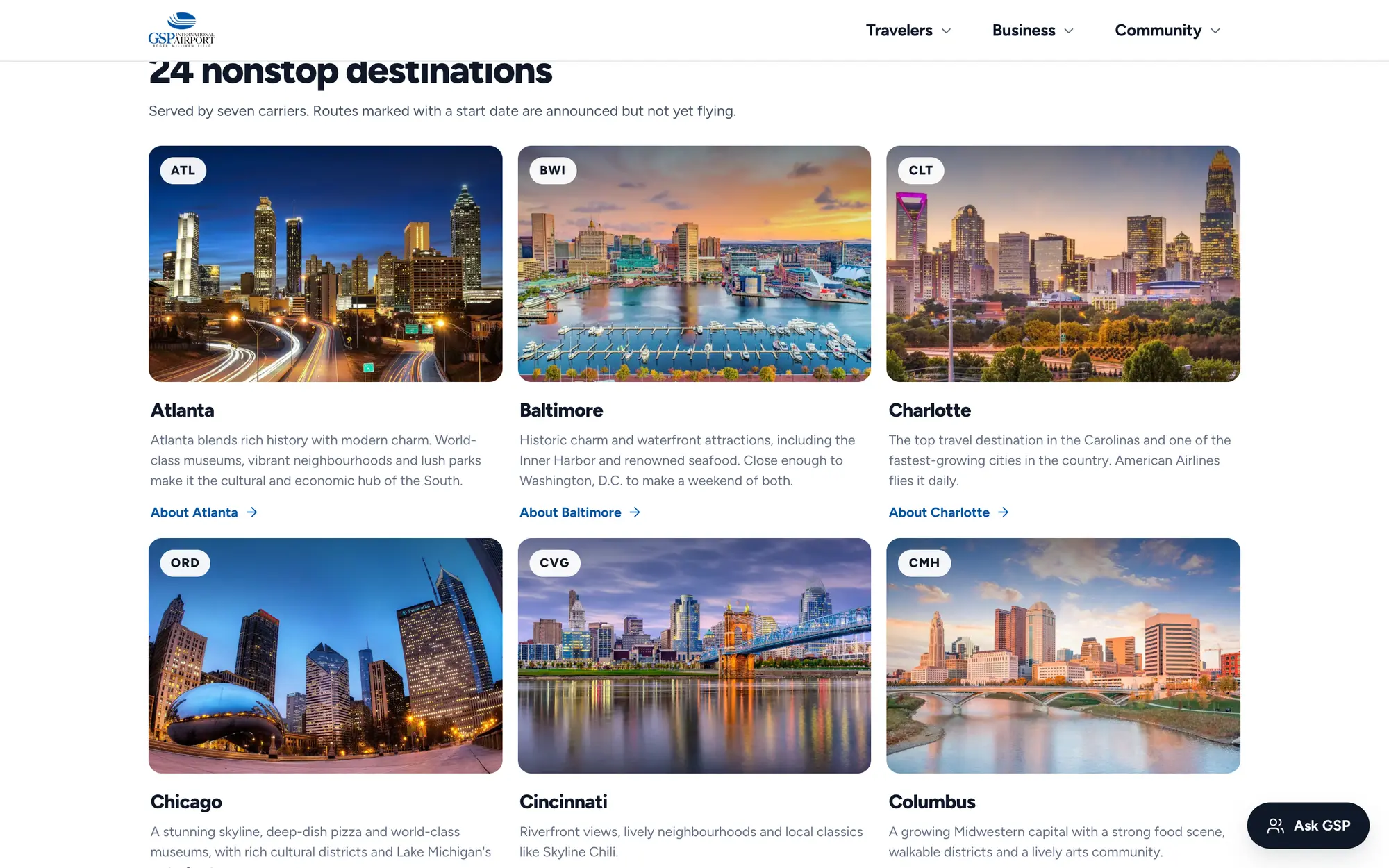 Desktop Where We Fly grid of nonstop destinations, with a photo and short city guide for Atlanta, Baltimore, Charlotte and more.