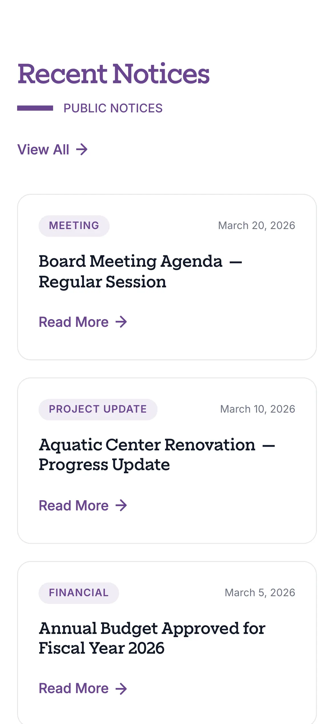 Mobile “Recent Notices” feed with tagged board meeting agendas and project updates.