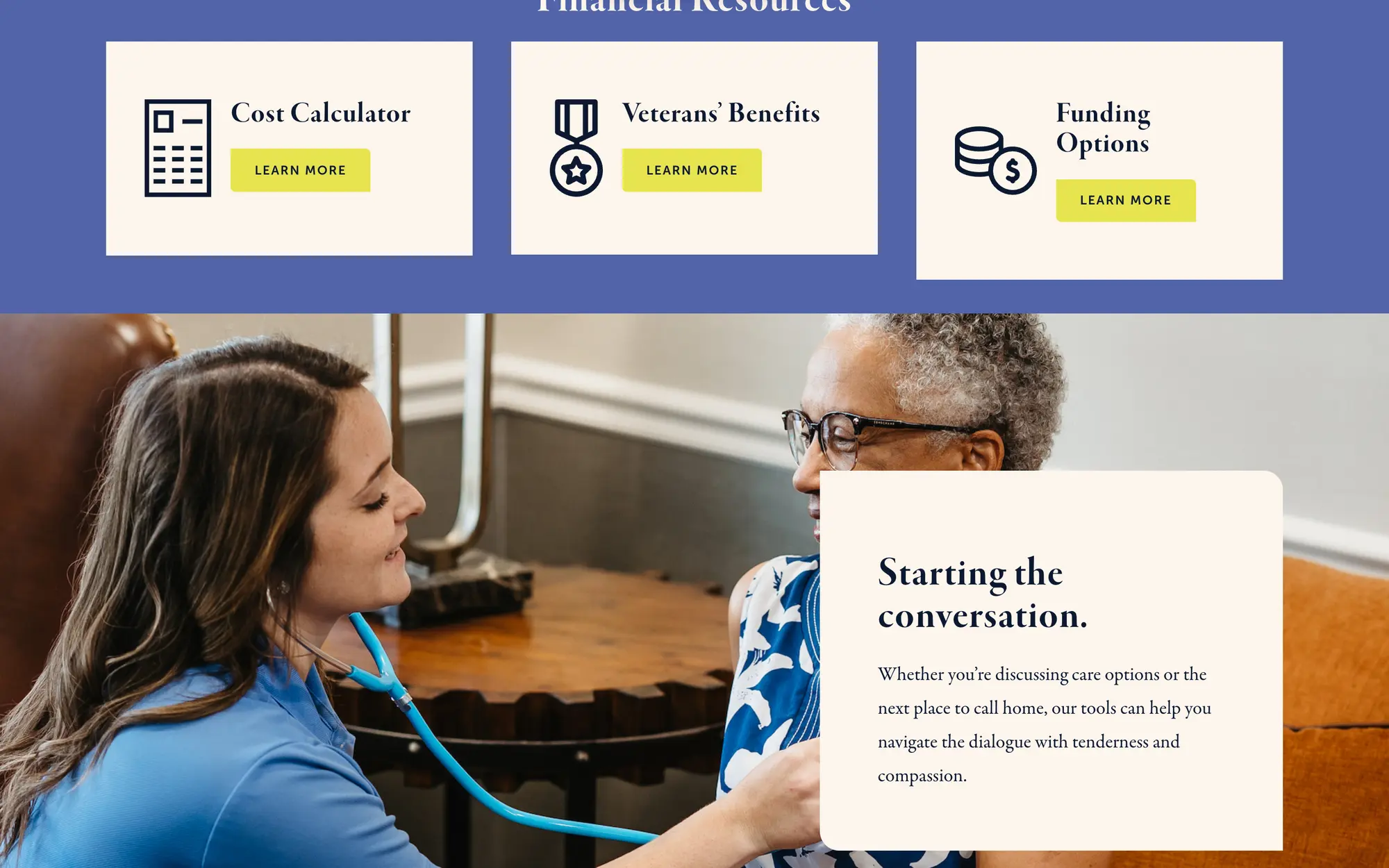 Desktop caregiver tools for a Cost Calculator, Veterans’ Benefits and Funding Options above “Starting the conversation.”