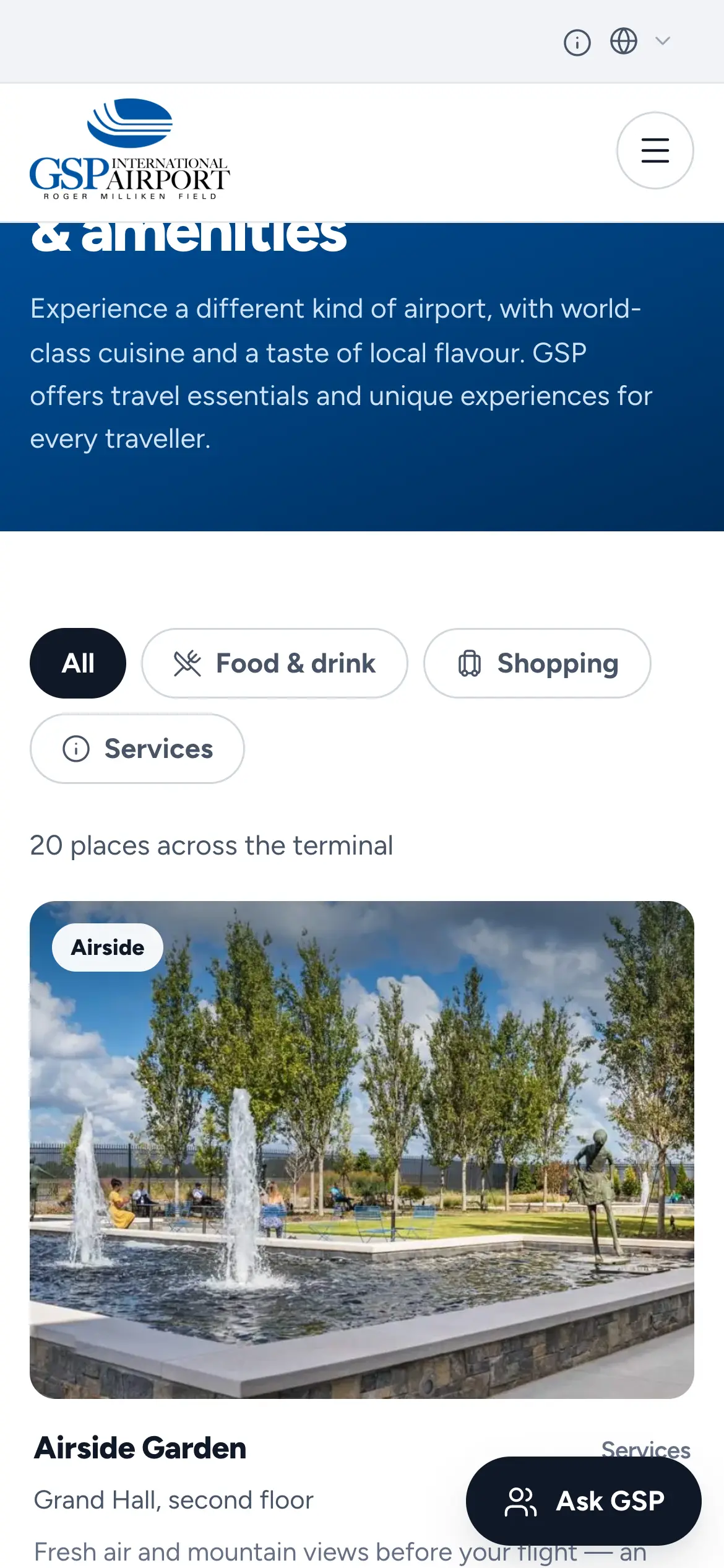 Mobile Dining, Shopping & Amenities directory with All, Food & drink, Shopping and Services filters.