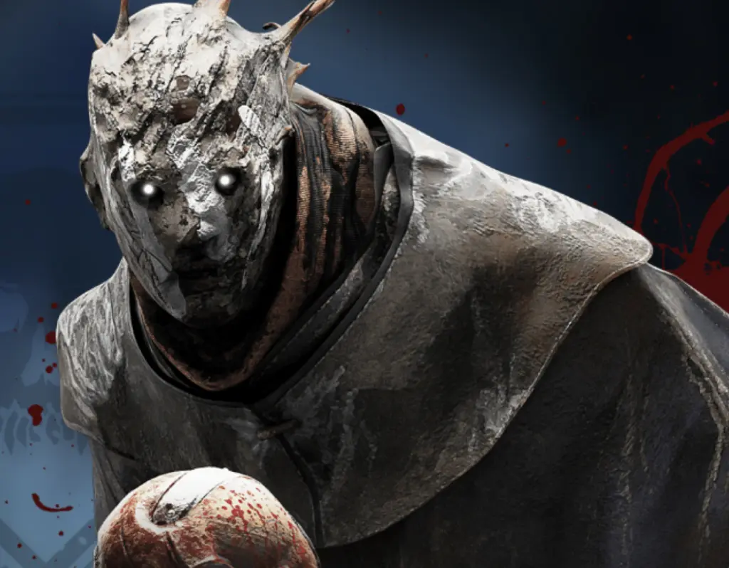 A scarred, masked killer from Dead by Daylight looms out of the dark.