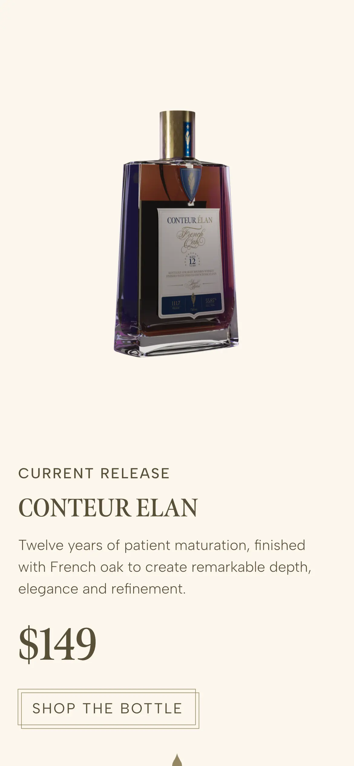 Mobile current release card for Conteur Élan, a twelve-year bourbon finished with French oak, priced at $149 with Shop the Bottle.