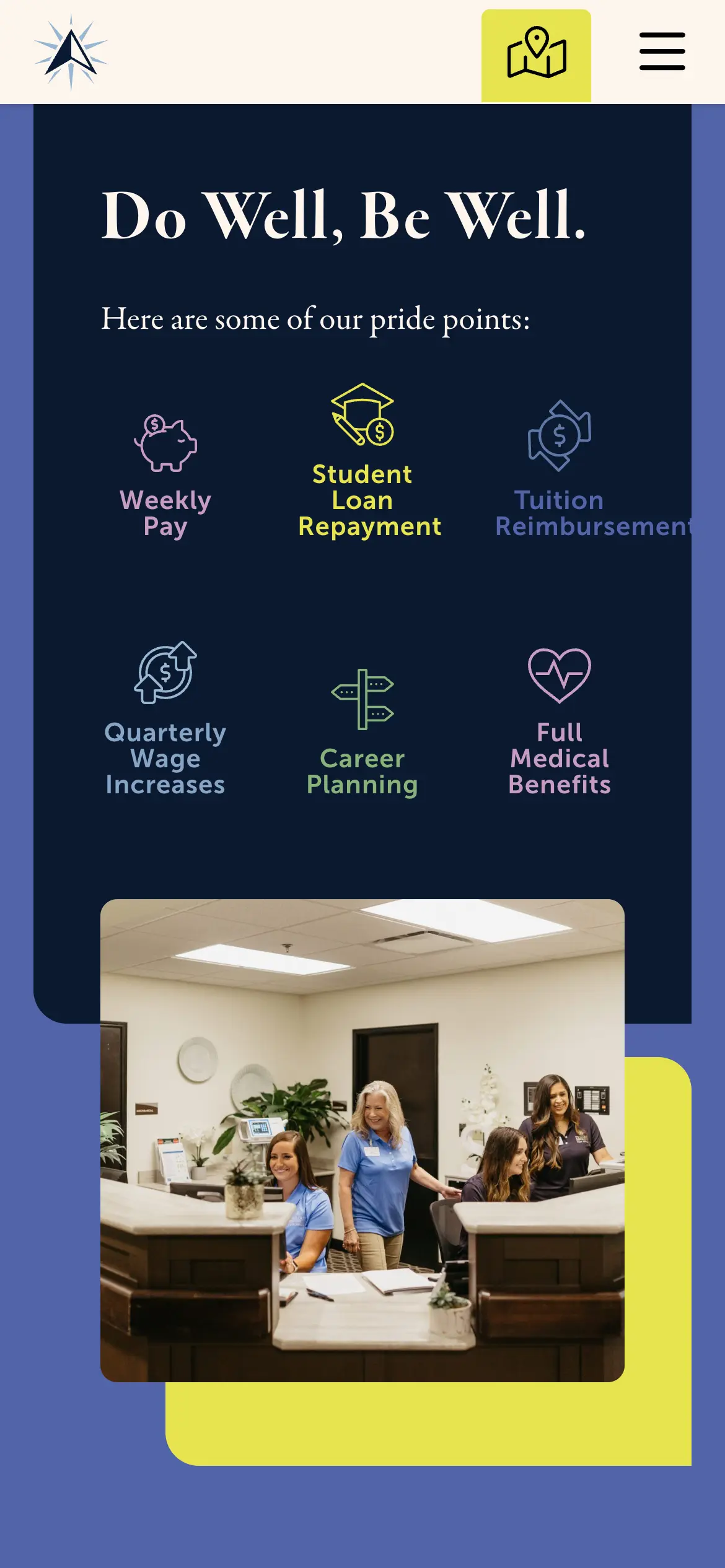 Mobile “Do Well, Be Well.” benefits grid, from weekly pay and student loan repayment to full medical benefits.