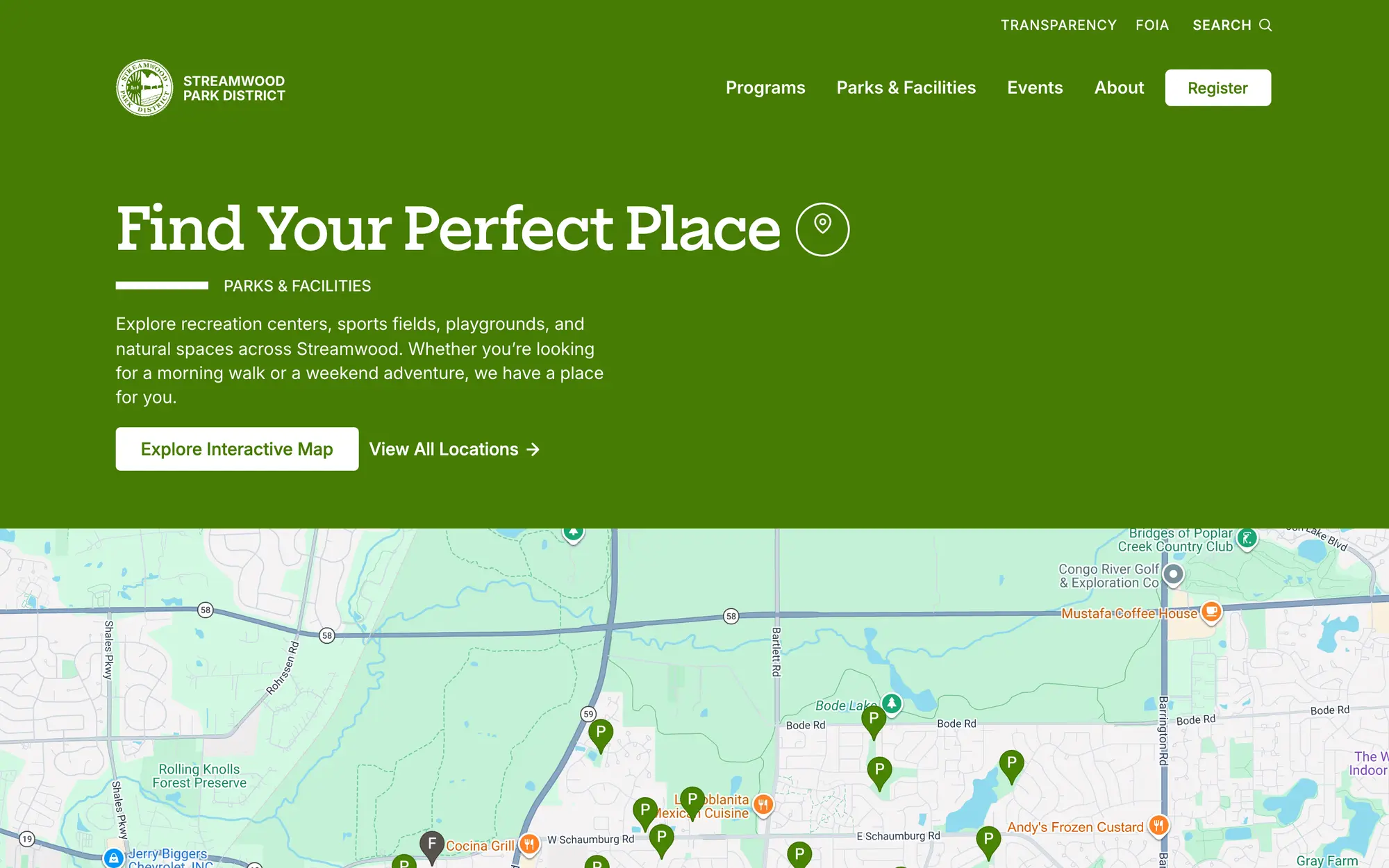 Desktop Parks & Facilities hero, “Find Your Perfect Place,” above an interactive map plotting every park and facility in Streamwood.
