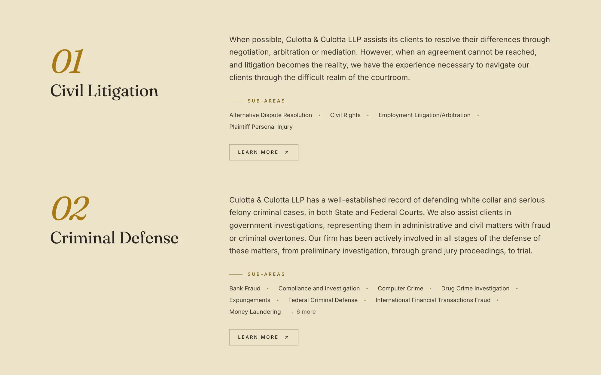 Desktop practice list pairing large numbered titles with summaries and sub-area tags for each of the four practices.