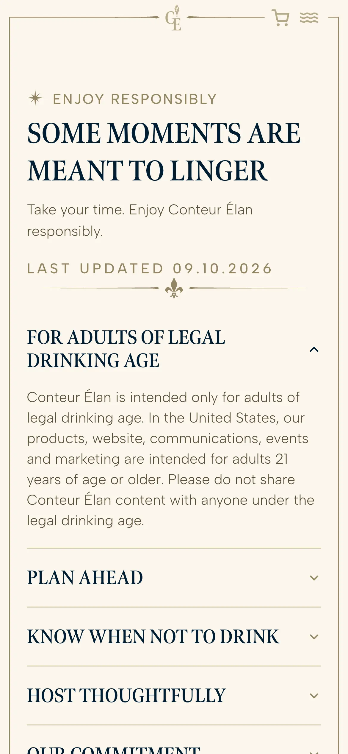 Mobile Enjoy Responsibly page, “Some moments are meant to linger,” with expandable guidance for adults of legal drinking age.