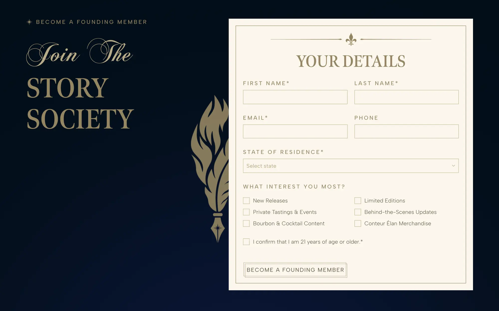 Desktop “Join the Story Society” founding-member form on navy with a gold quill illustration.