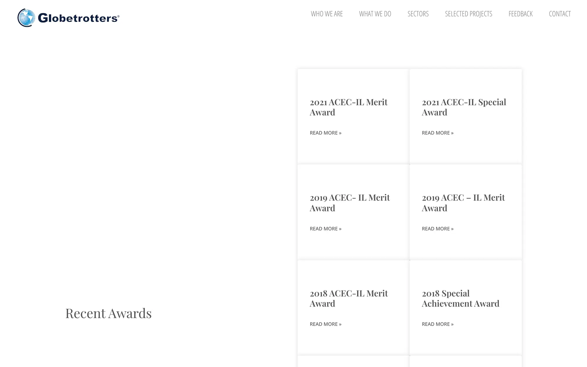 Desktop Recent Awards page with a two-column grid of ACEC-IL merit and special achievement awards.