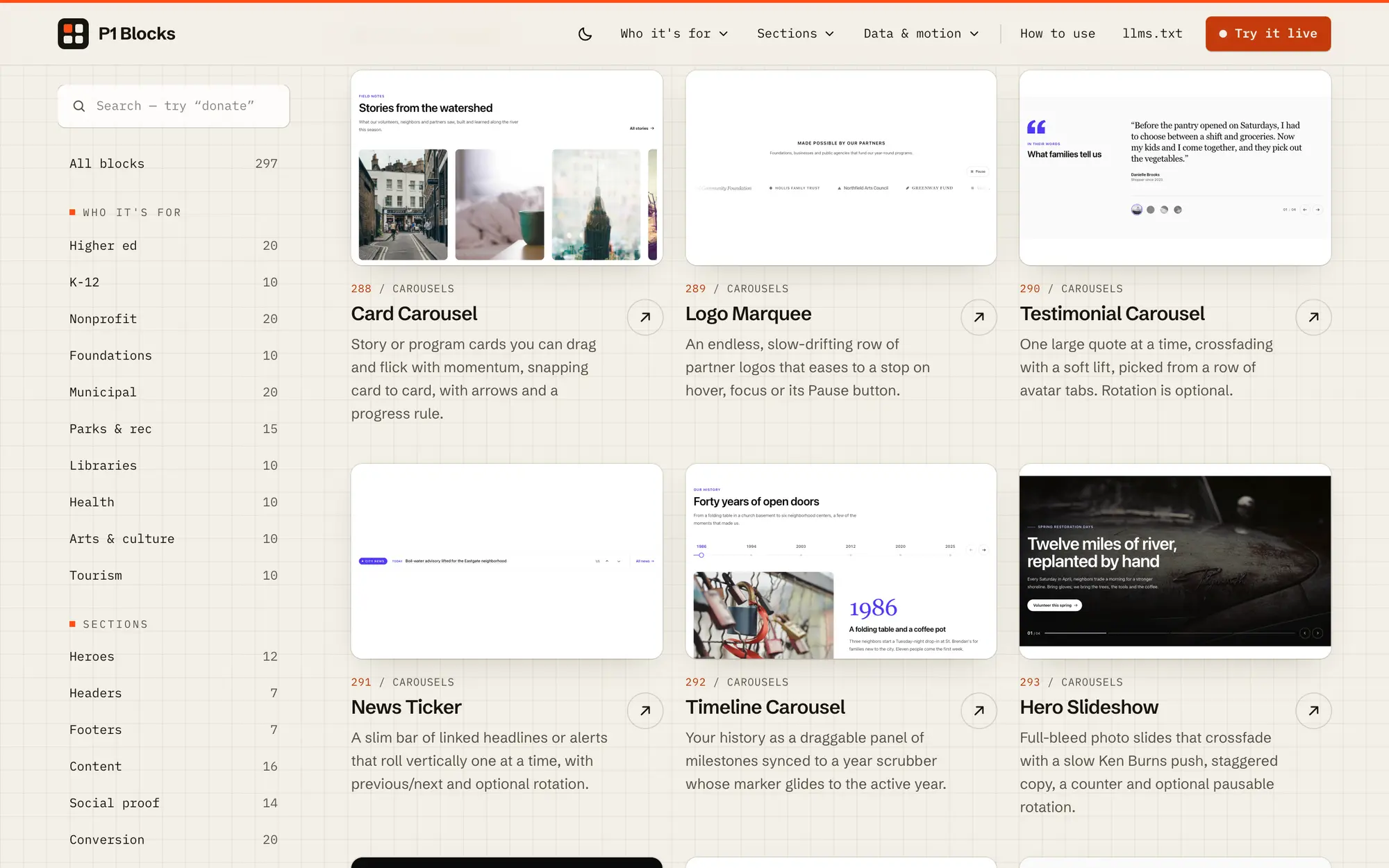 Desktop carousels category with the Card Carousel, Logo Marquee, Testimonial Carousel, News Ticker, Timeline Carousel and Hero Slideshow.