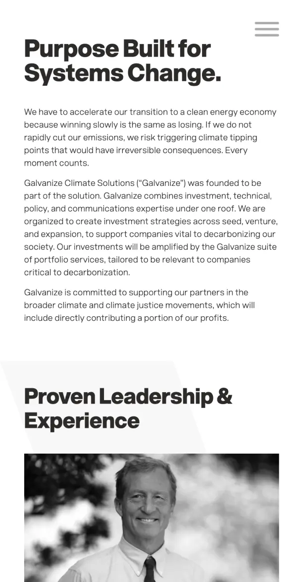 Mobile view of mission section with leadership preview