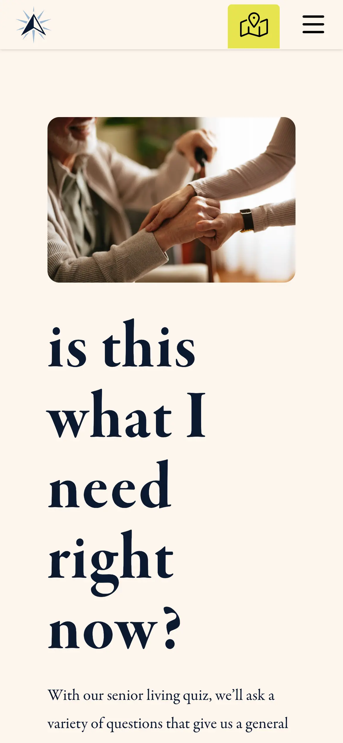 Mobile senior living quiz prompt, “is this what I need right now?,” leading into “find care experts near you.”