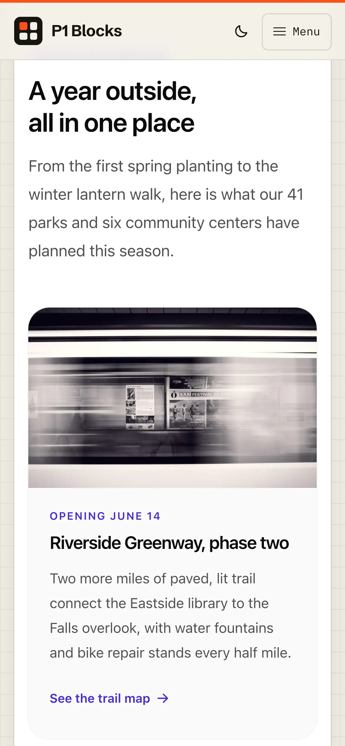 Mobile Bento Grid preview, “A year outside, all in one place,” restacked into a single column of story tiles.