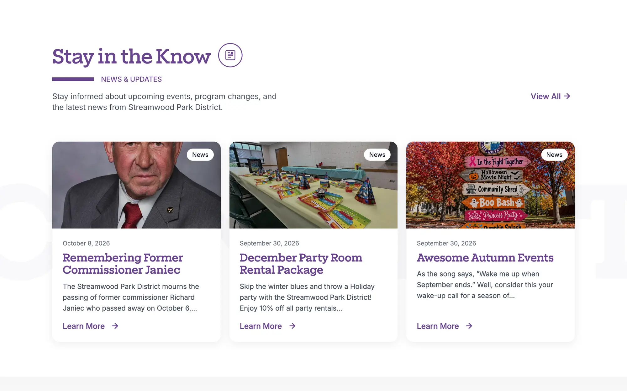 Desktop “Stay in the Know” news and updates section with three photo-led story cards.