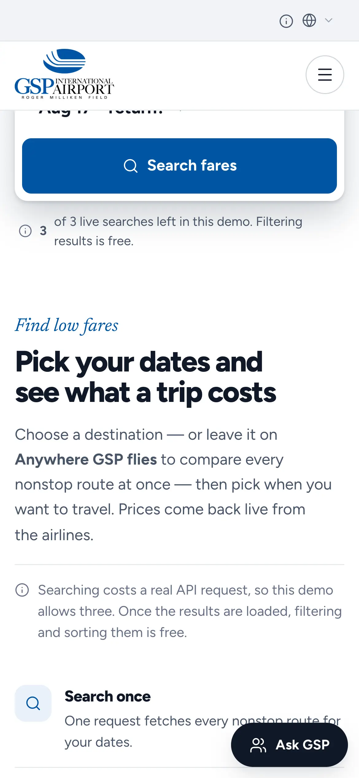 Mobile explainer, “Pick your dates and see what a trip costs,” covering search once, filter freely and book with the airline.