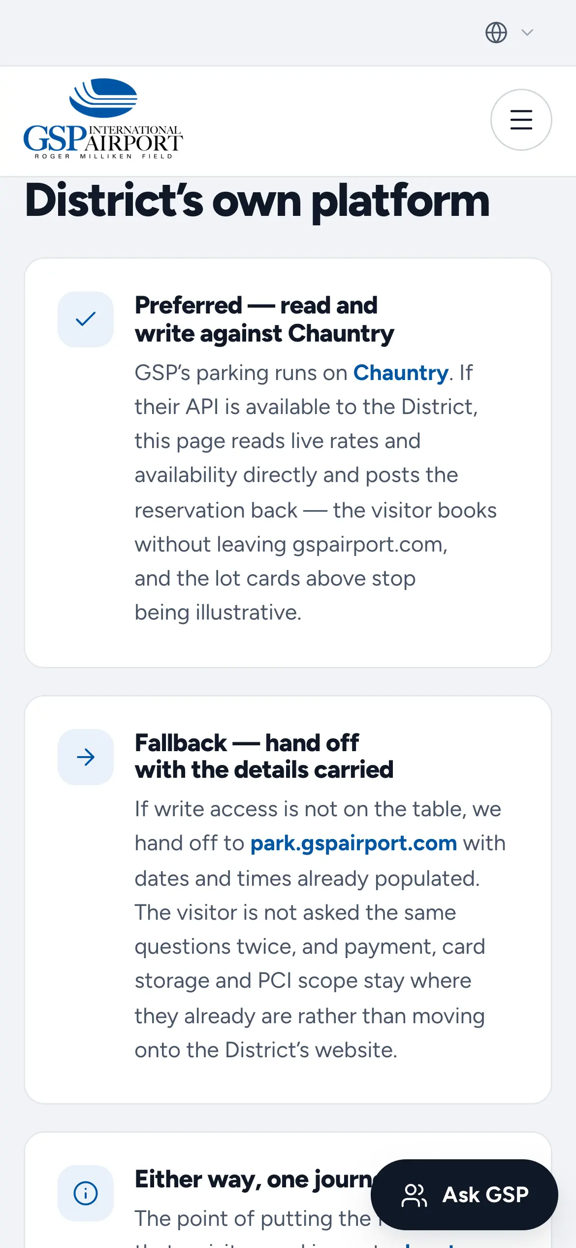 Mobile “How this connects” explainer, “Booking runs on the District’s own platform,” describing the preferred, fallback and either-way flows.