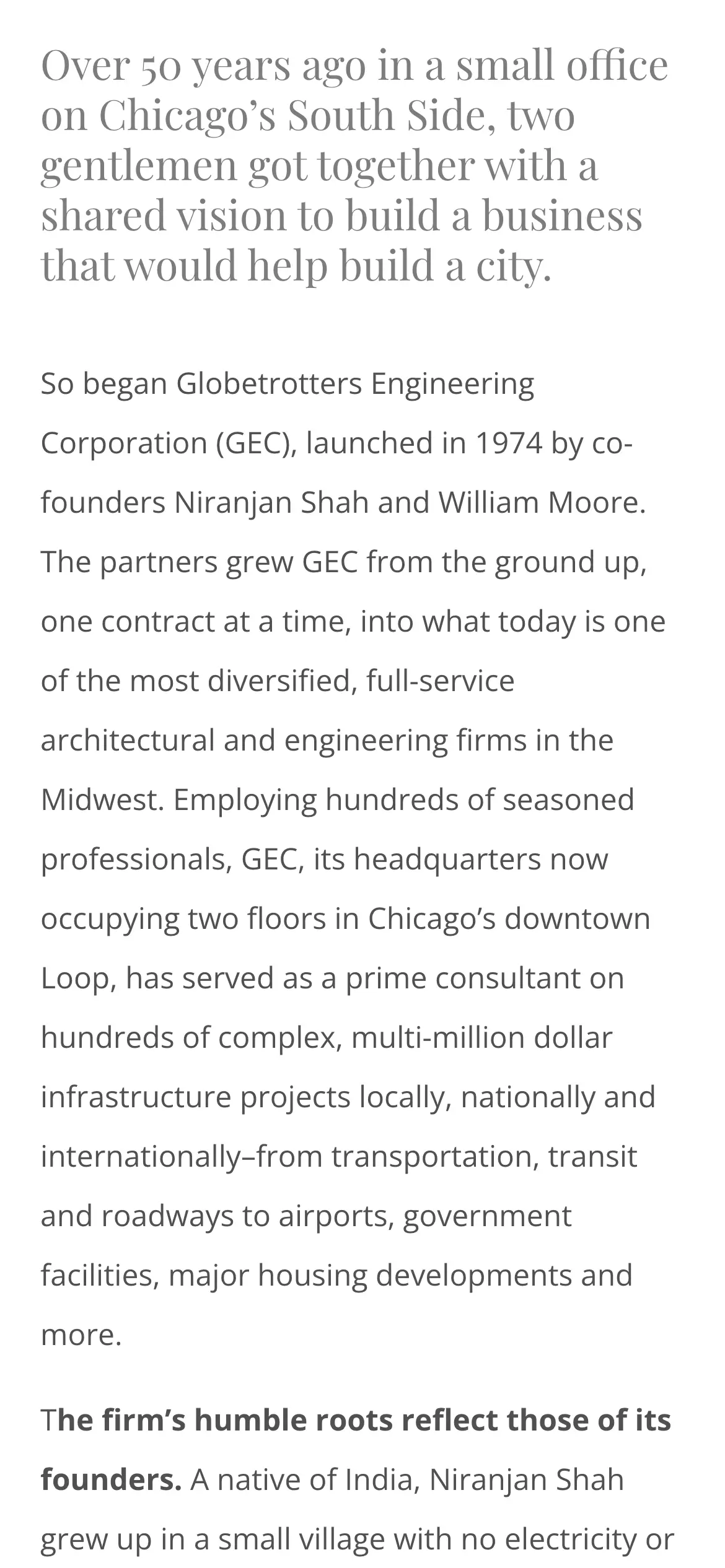 Mobile history narrative, “Over 50 years ago in a small office on Chicago’s South Side,” set in an editorial serif.