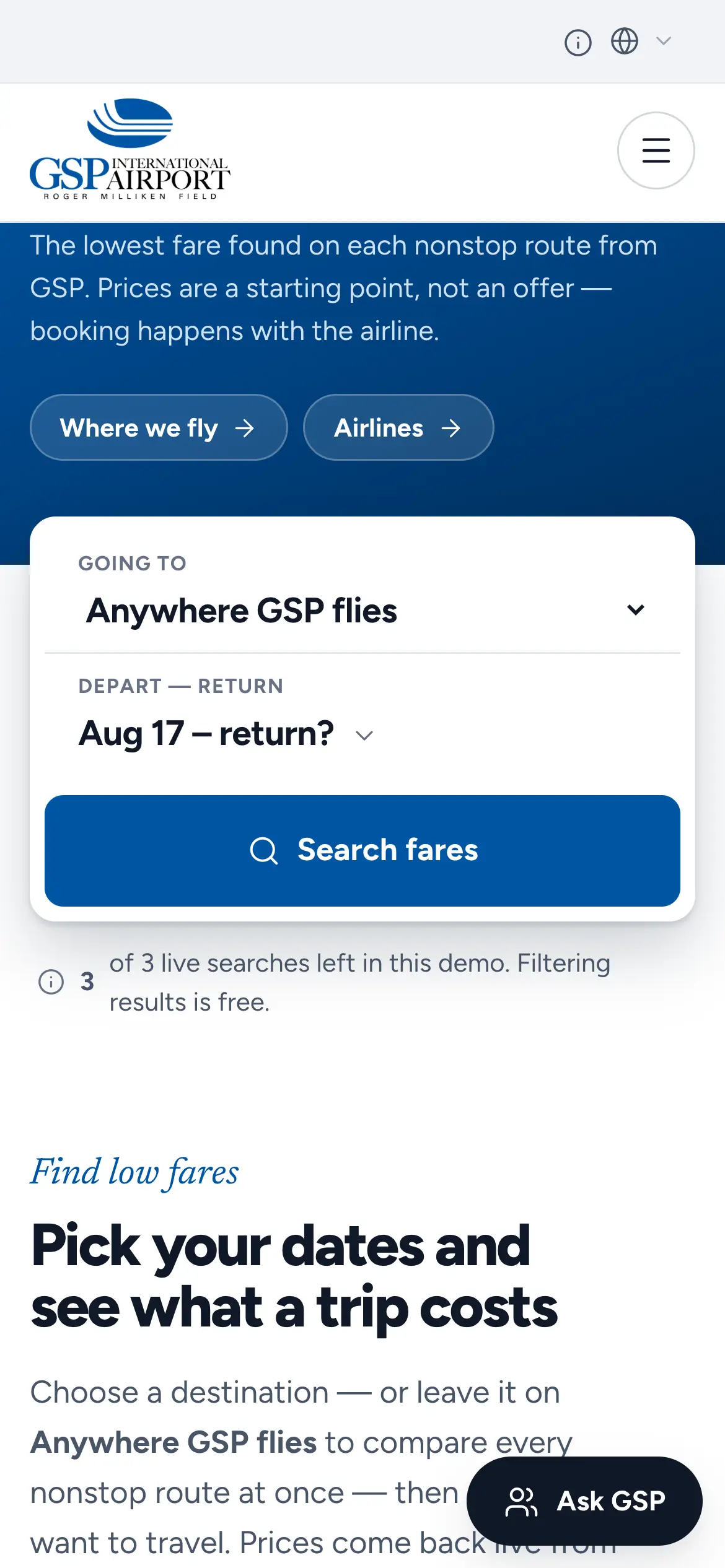 Mobile Find Low Fares search with destination and date pickers pulling live fares from a flight-booking API.
