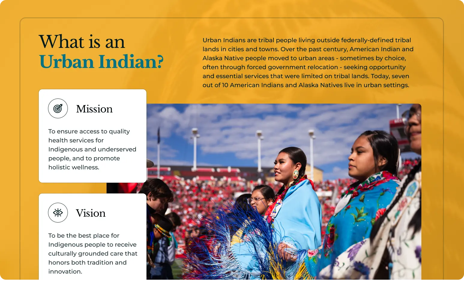 “What is an Urban Indian?” section explaining the community Indian Health Board serves, alongside its mission and vision.