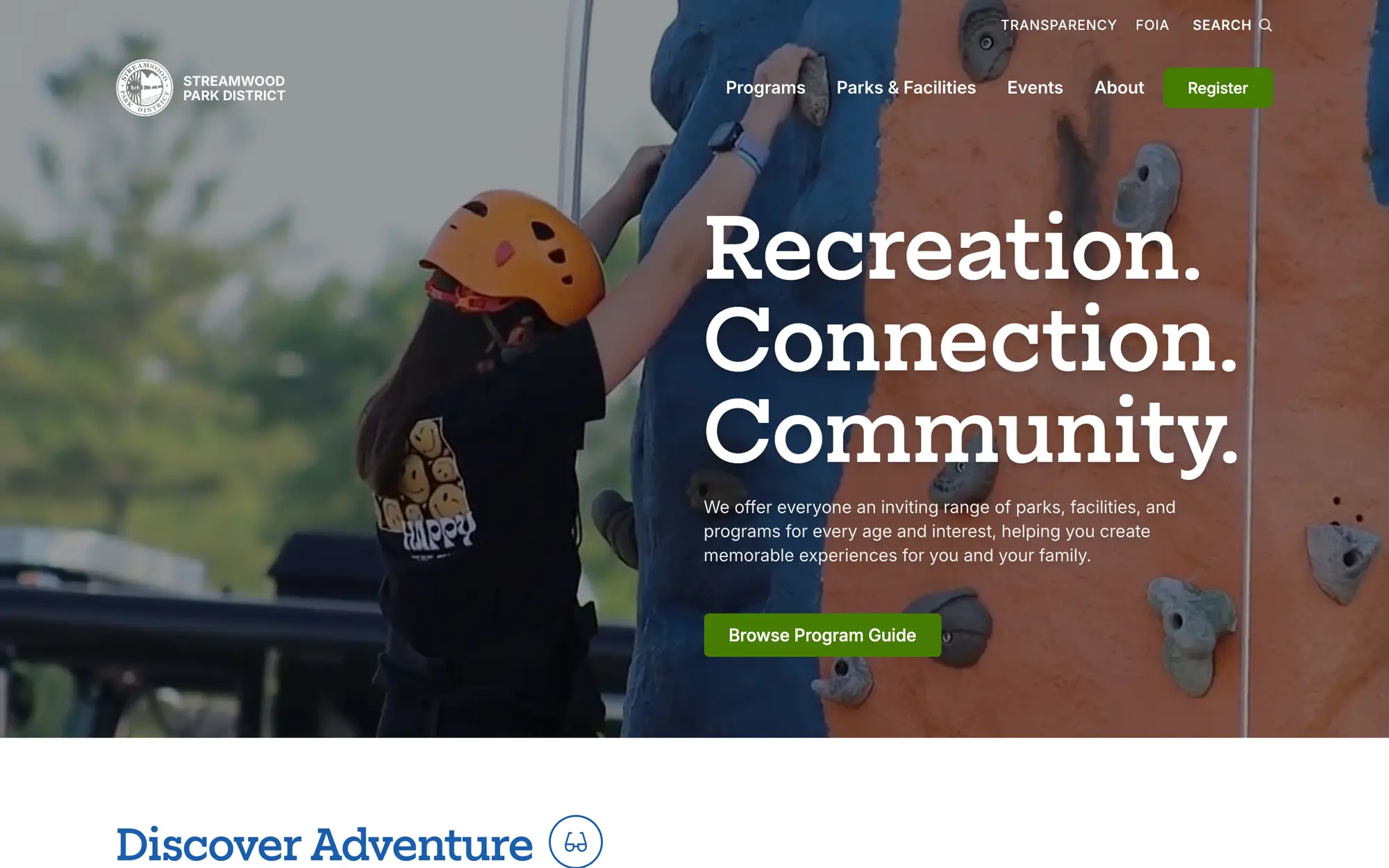 Desktop homepage hero, “Recreation. Connection. Community.,” with a Browse Program Guide button over a photo of a young climber.