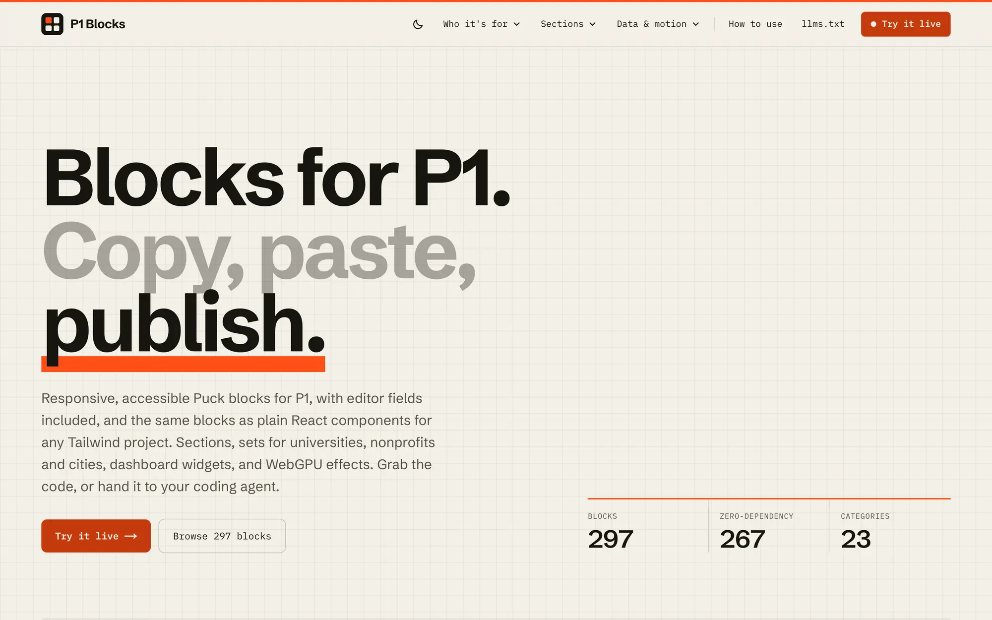 Desktop homepage hero, “Blocks for P1. Copy, paste, publish.,” with counters for 297 blocks, 267 zero-dependency components and 23 categories.