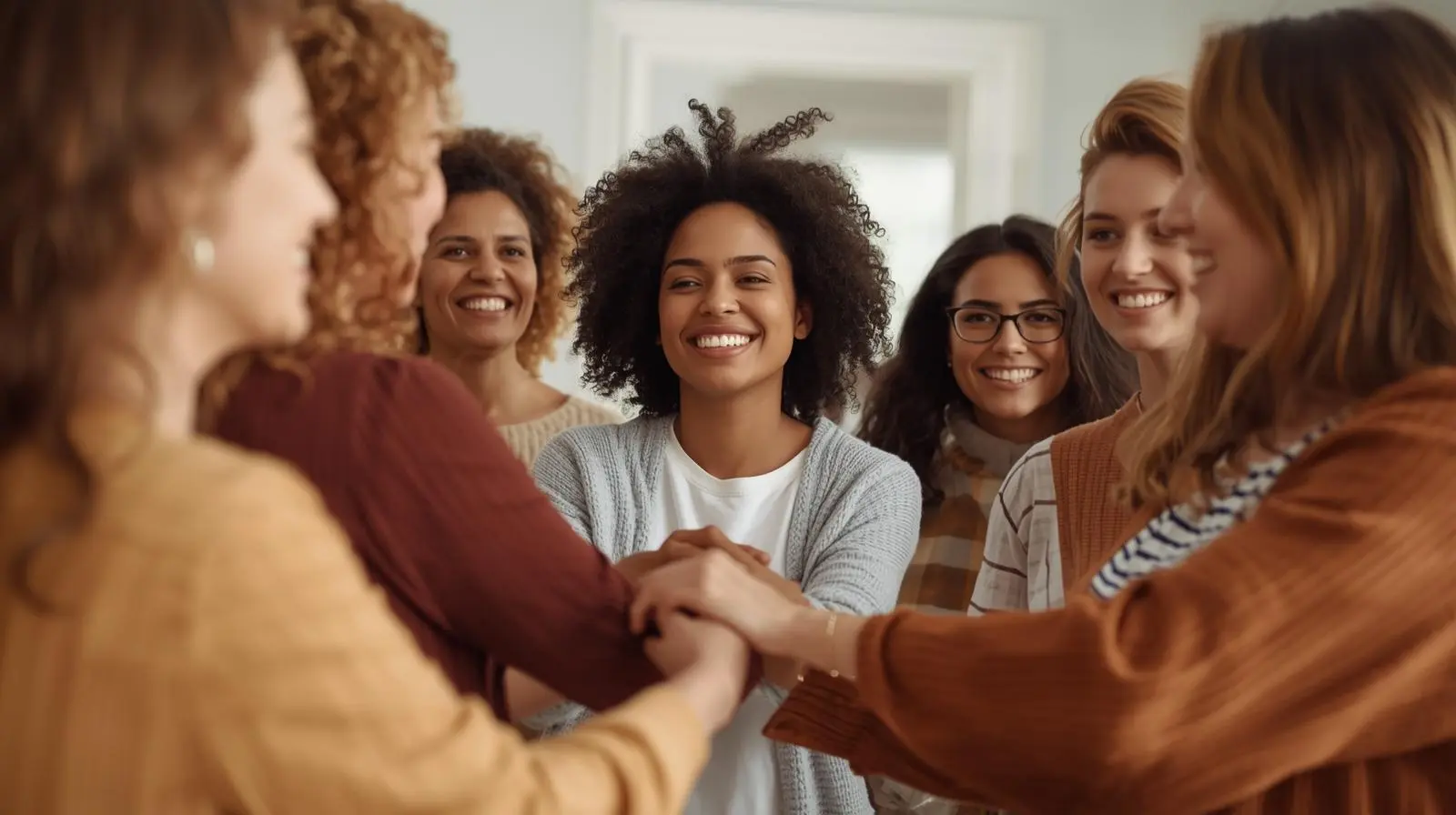 Warm image showing a culturally diverse group of women welcoming each other, illustrating how community is created through advocacy