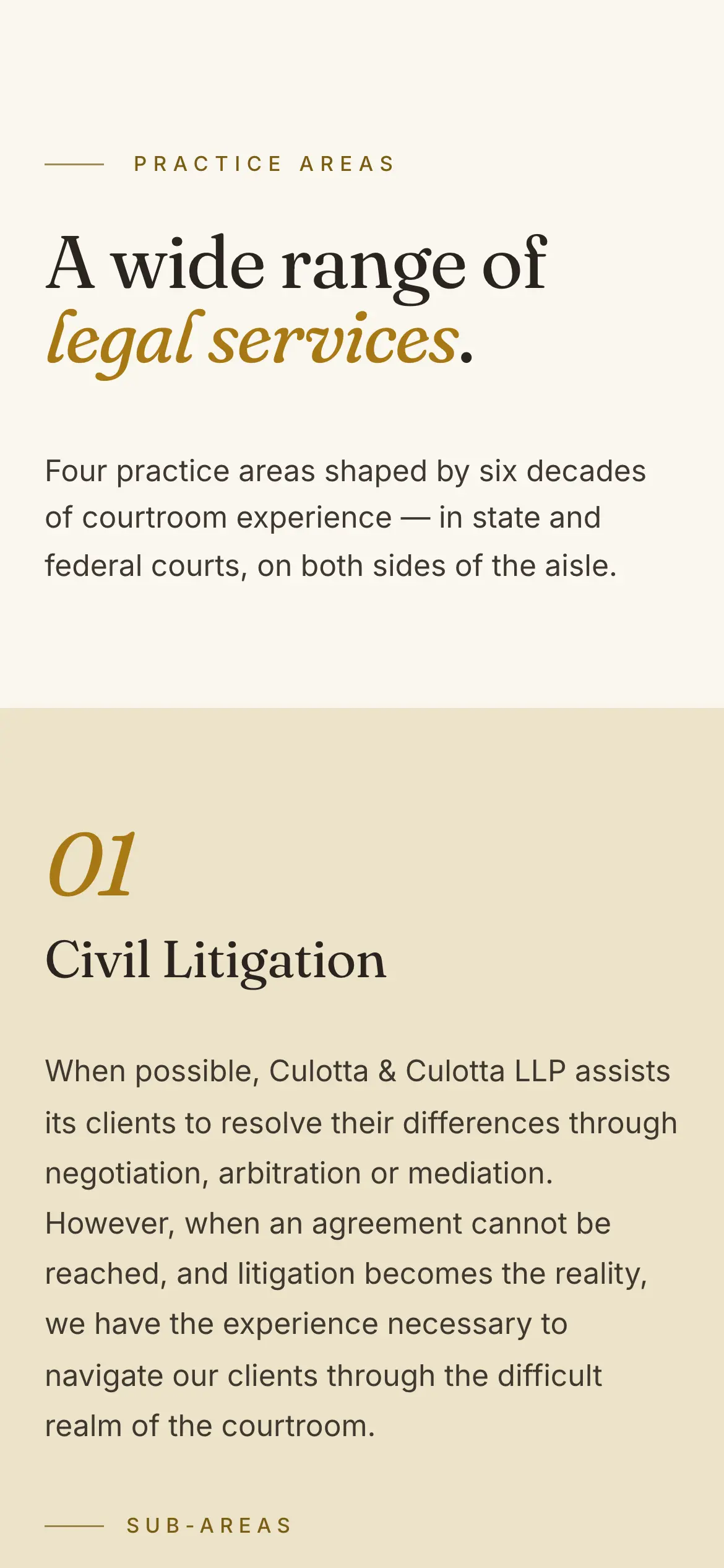 Mobile Practice Areas hero, “A wide range of legal services.,” on the firm’s warm paper background.
