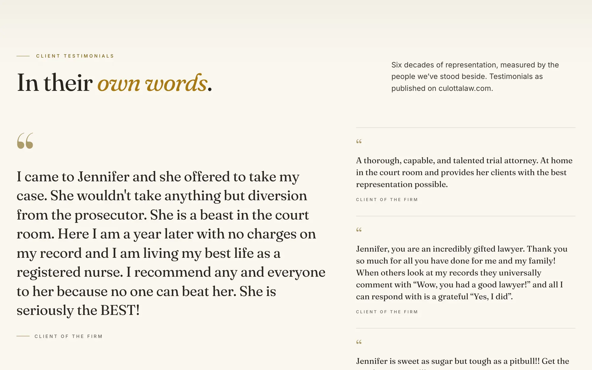 Desktop testimonials, “In their own words.,” with a featured client quote beside a column of shorter reviews.