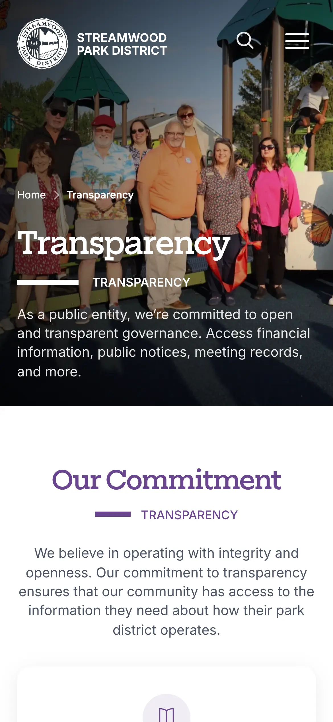 Mobile Transparency hero, explaining the district’s commitment to open financial information, public notices and meeting records.