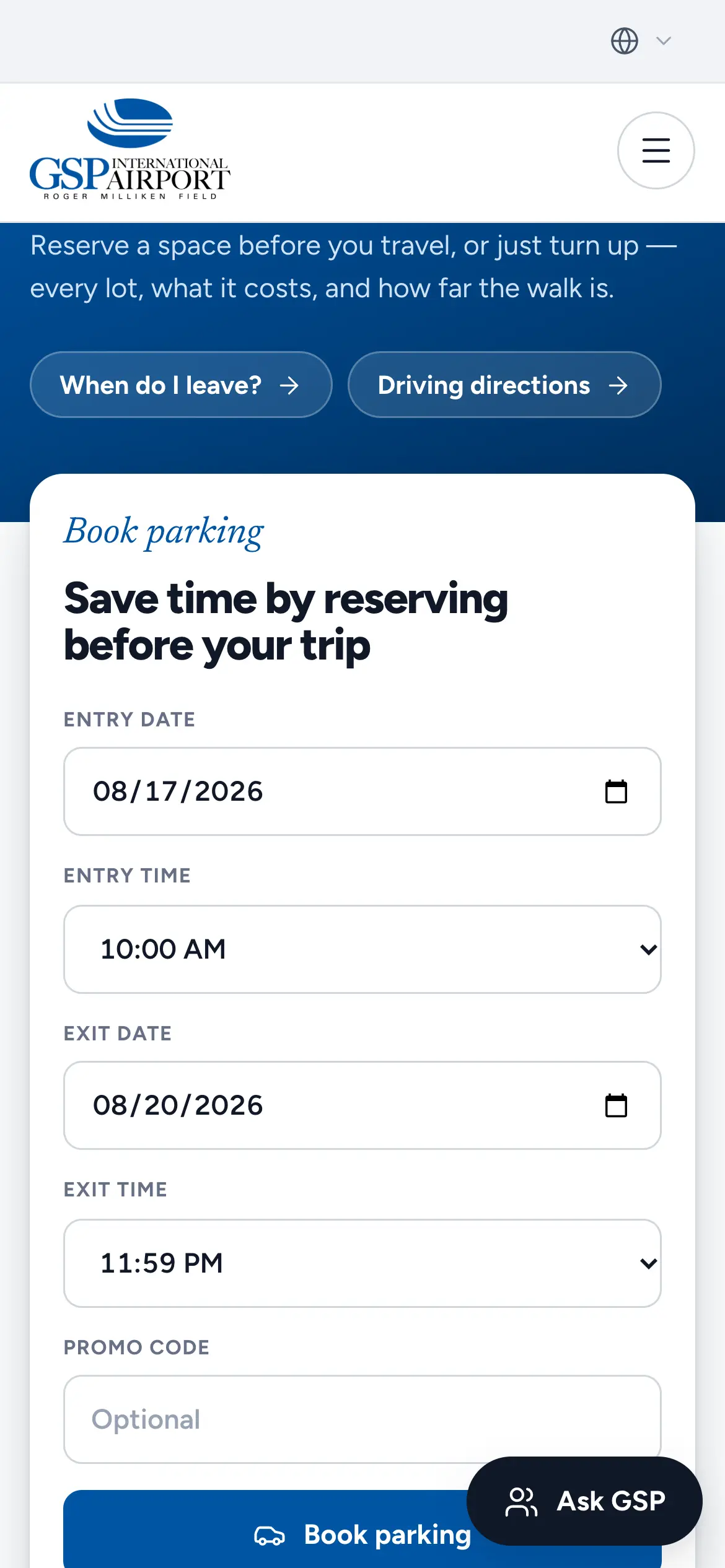 Mobile parking reservation form, “Save time by reserving before your trip,” with entry and exit dates and times.