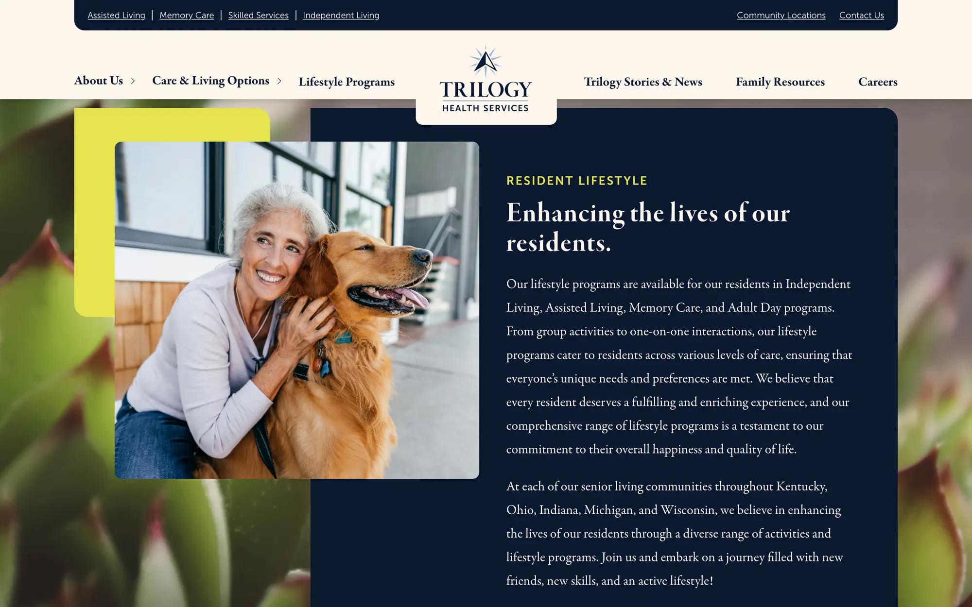 Desktop Lifestyle Programs hero, “Enhancing the lives of our residents.,” beside a resident hugging her dog.