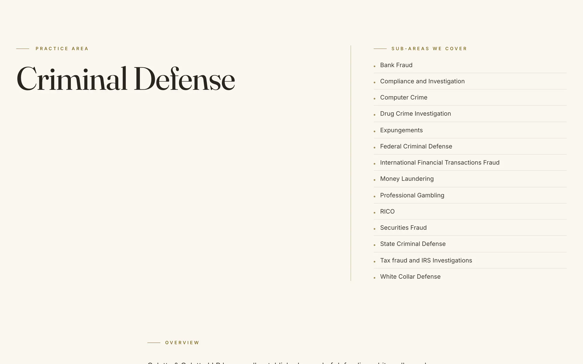 Desktop Criminal Defense page with the practice title and a two-column index of every sub-area the firm handles.