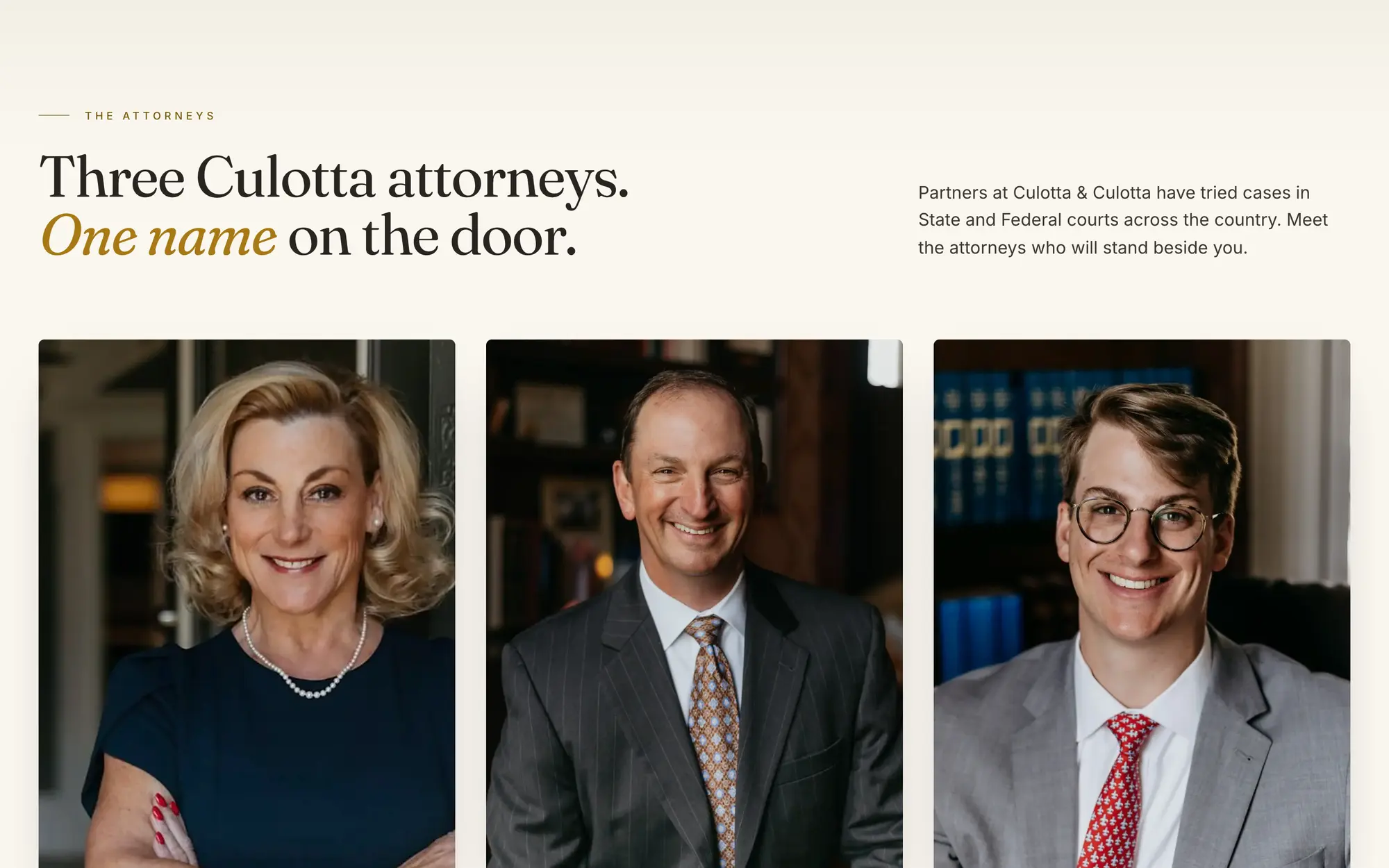 Desktop attorney lineup with portraits of Jennifer Hinkebein Culotta, J. Clayton Culotta and J. Donald Culotta, each linking to a full profile.